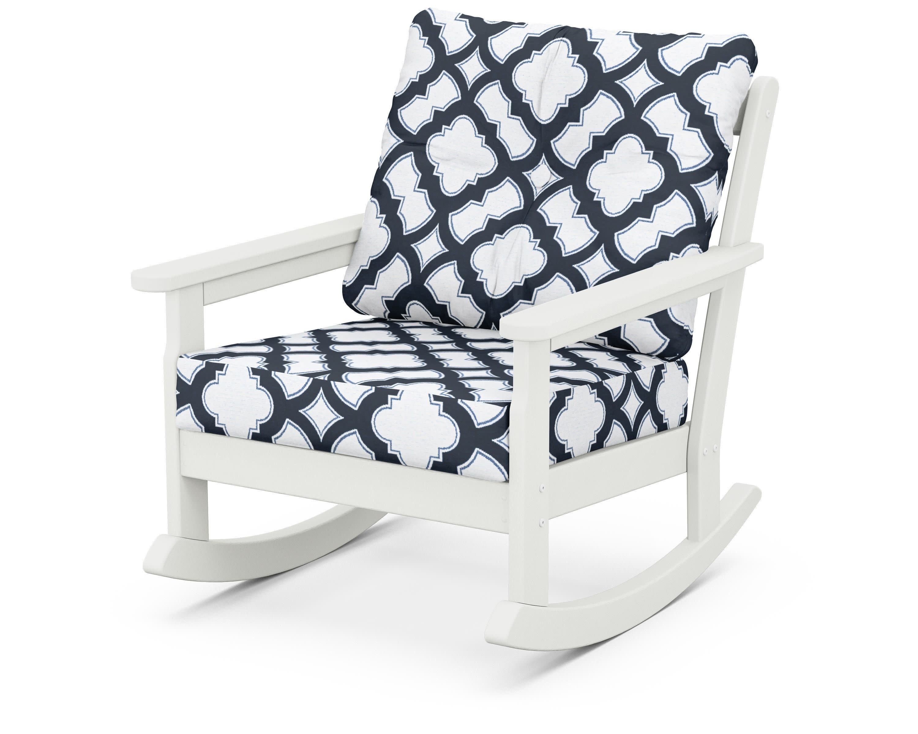Vineyard Deep Seating Rocking Chair in Vintage White / Trellis Marine Indigo