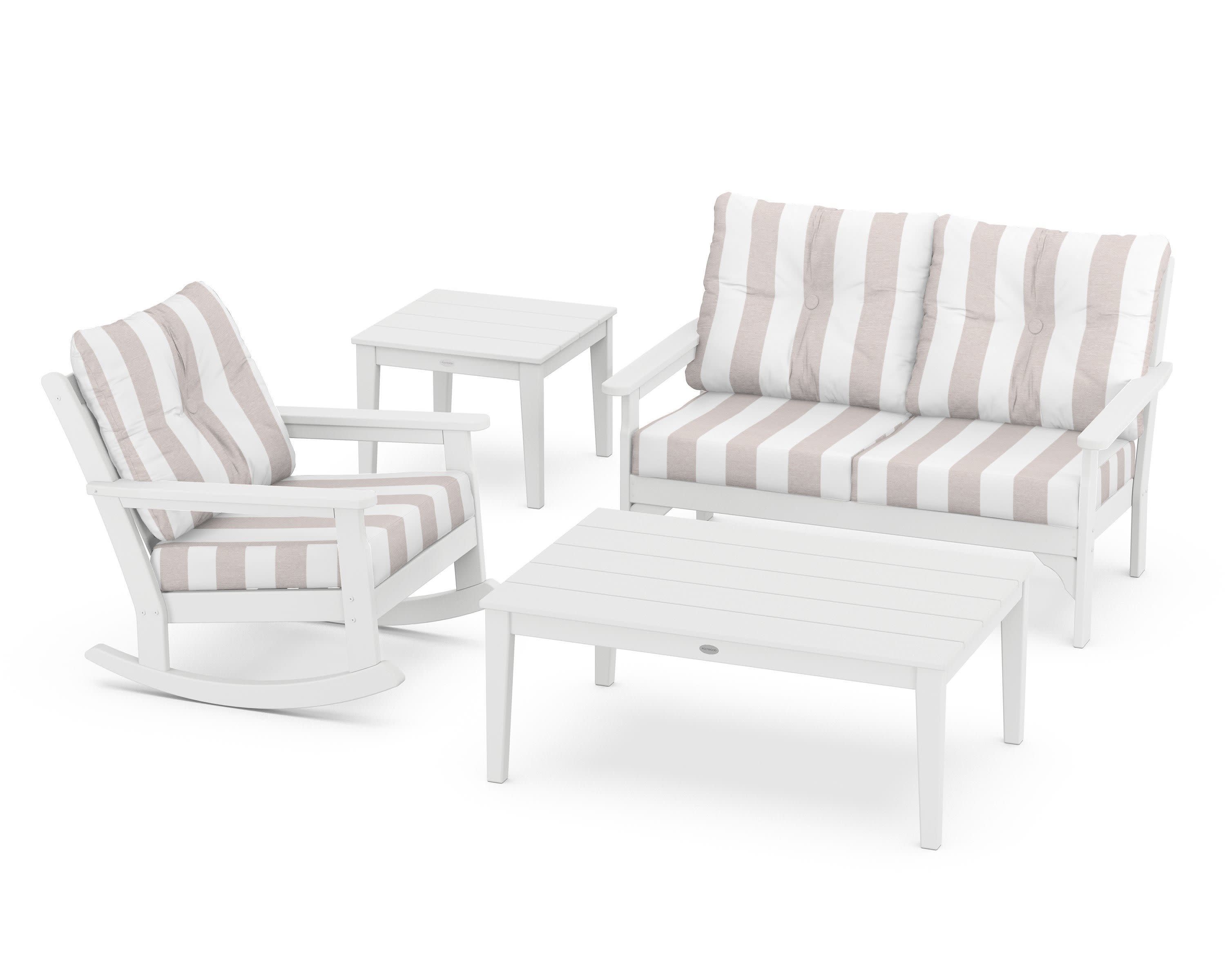 Vineyard 4-Piece Deep Seating Rocker Set in White / Cabana Stripe Dune Burlap