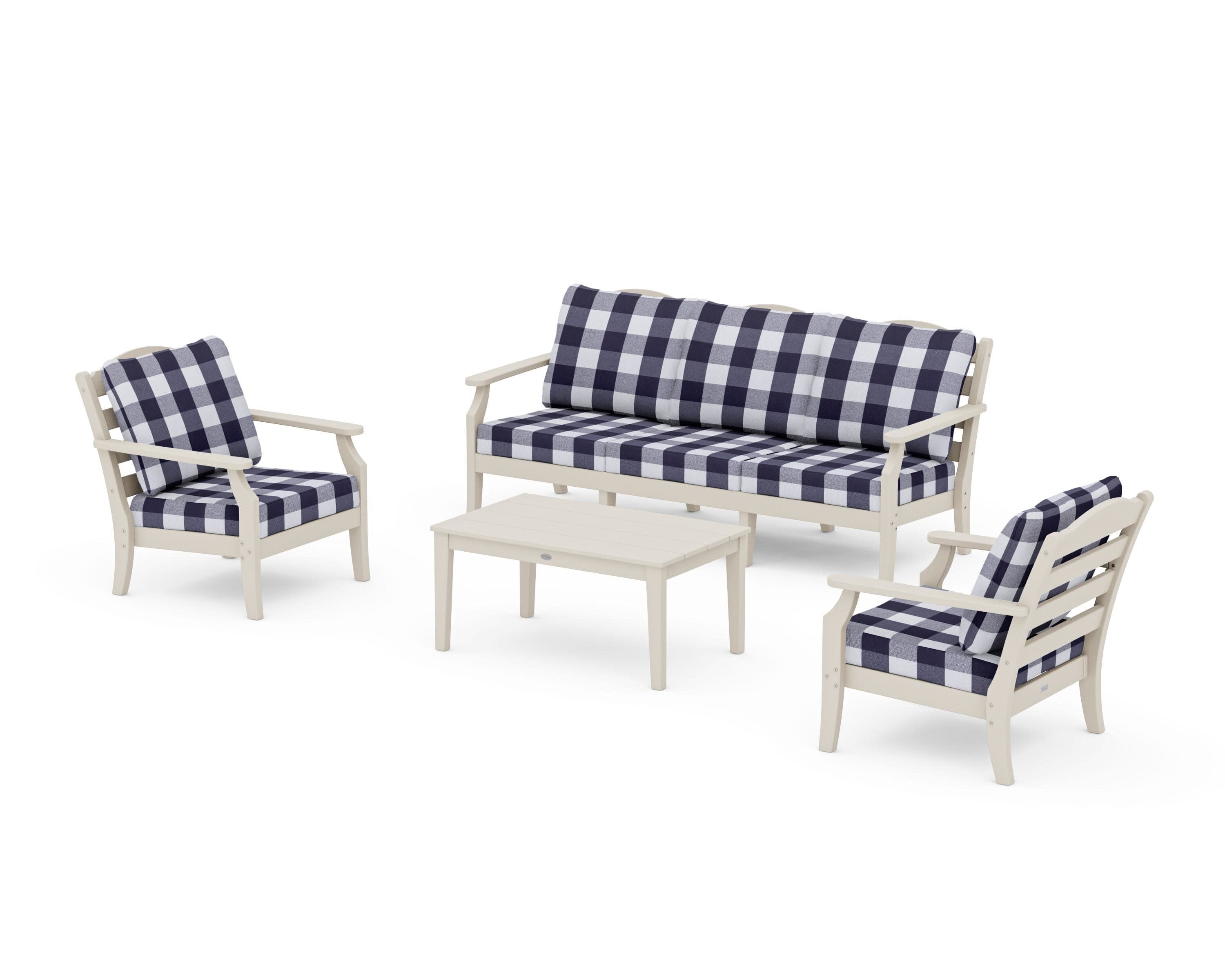 Savannah 4-Piece Deep Seating Set with Sofa in Sand / Buffalo Plaid Navy