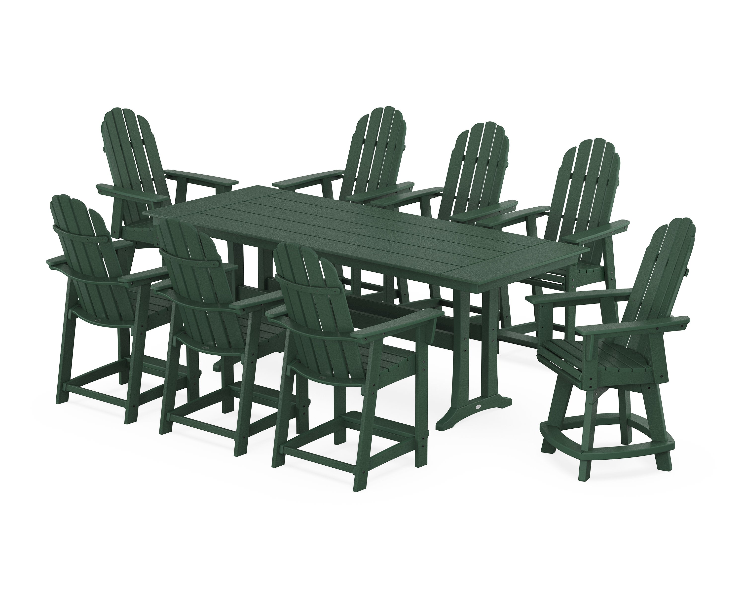 Vineyard Curveback Adirondack Swivel 9-Piece Farmhouse Counter Set with Trestle Legs in Green