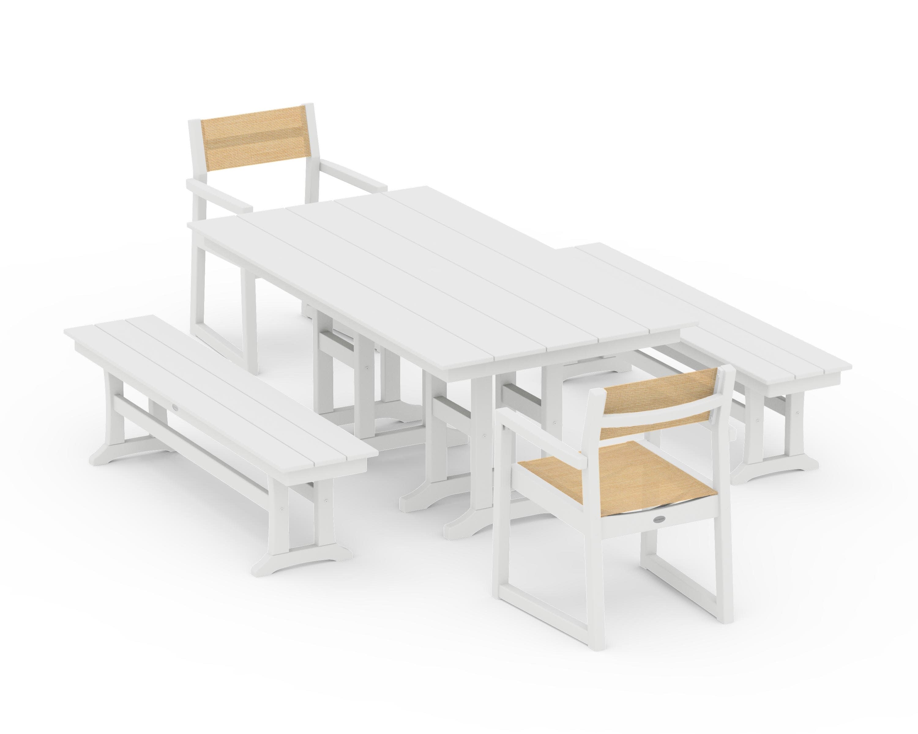 EDGE Sling Arm Chair 5-Piece Farmhouse Dining Set with Benches in White / Dupioni Apricot Sling