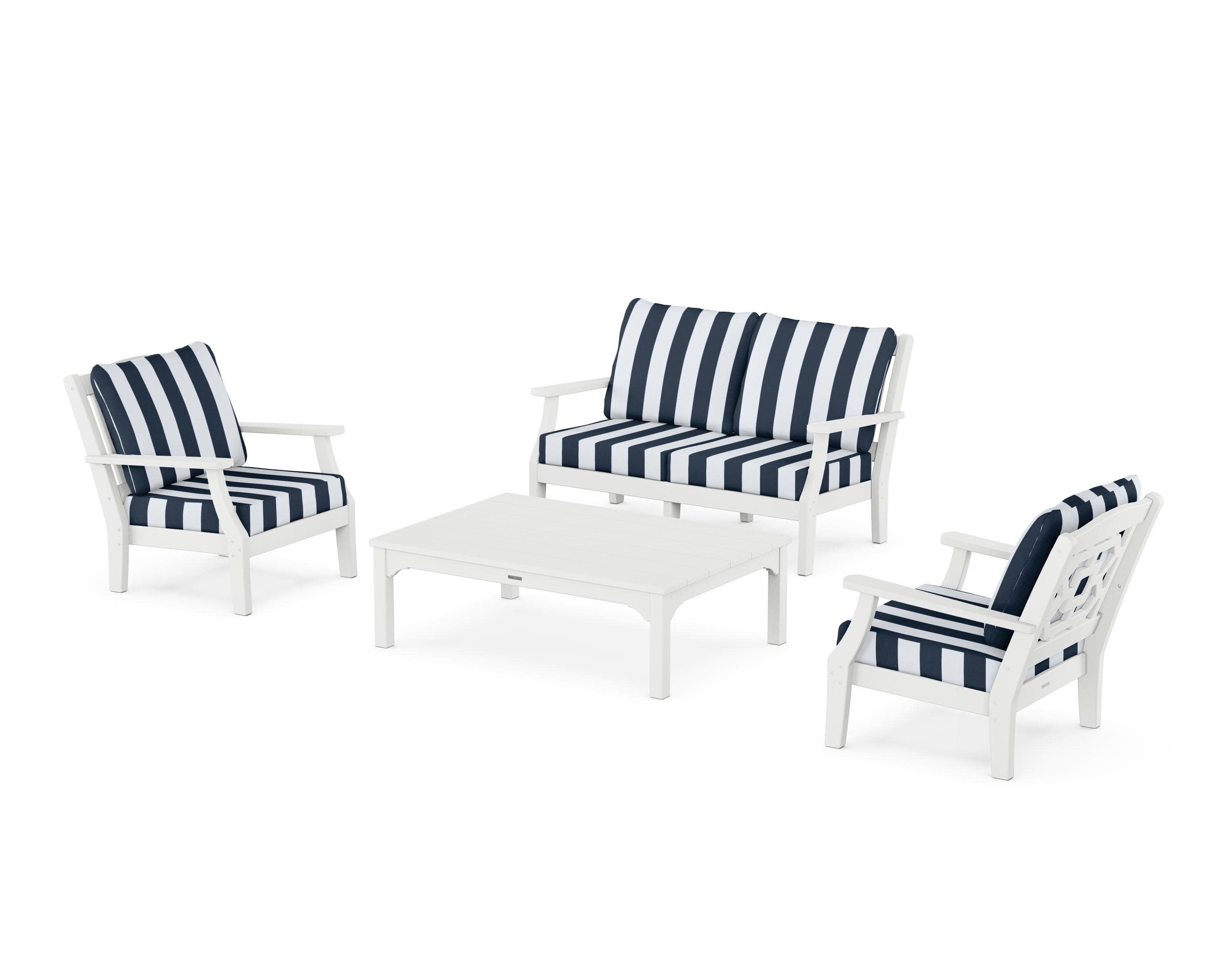 Chinoiserie 4-Piece Deep Seating Set with Loveseat in White / Cabana Stripe Marine Indigo