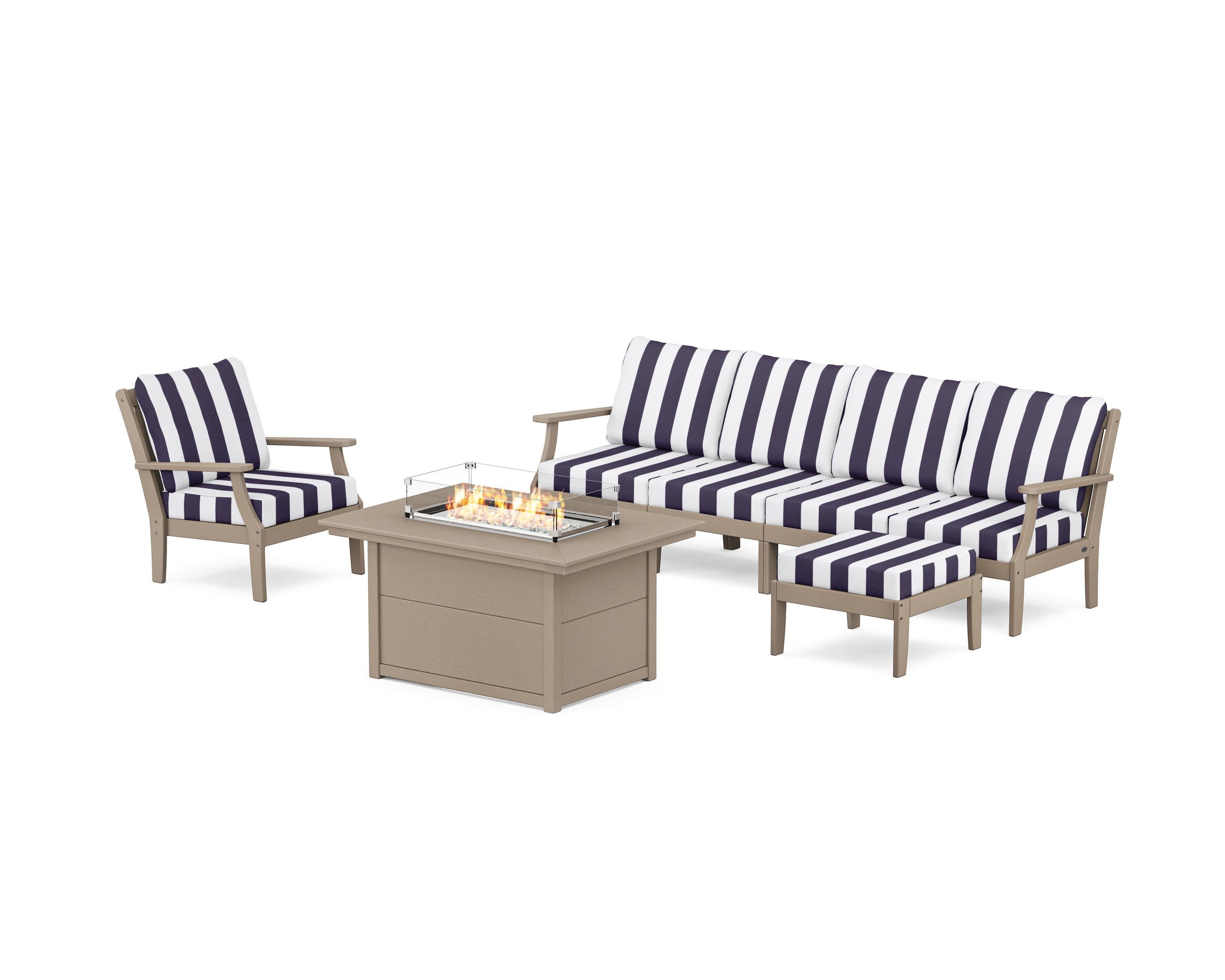 Braxton Sectional Lounge and Fire Pit Set in Vintage Sahara / Cabana Stripe Navy