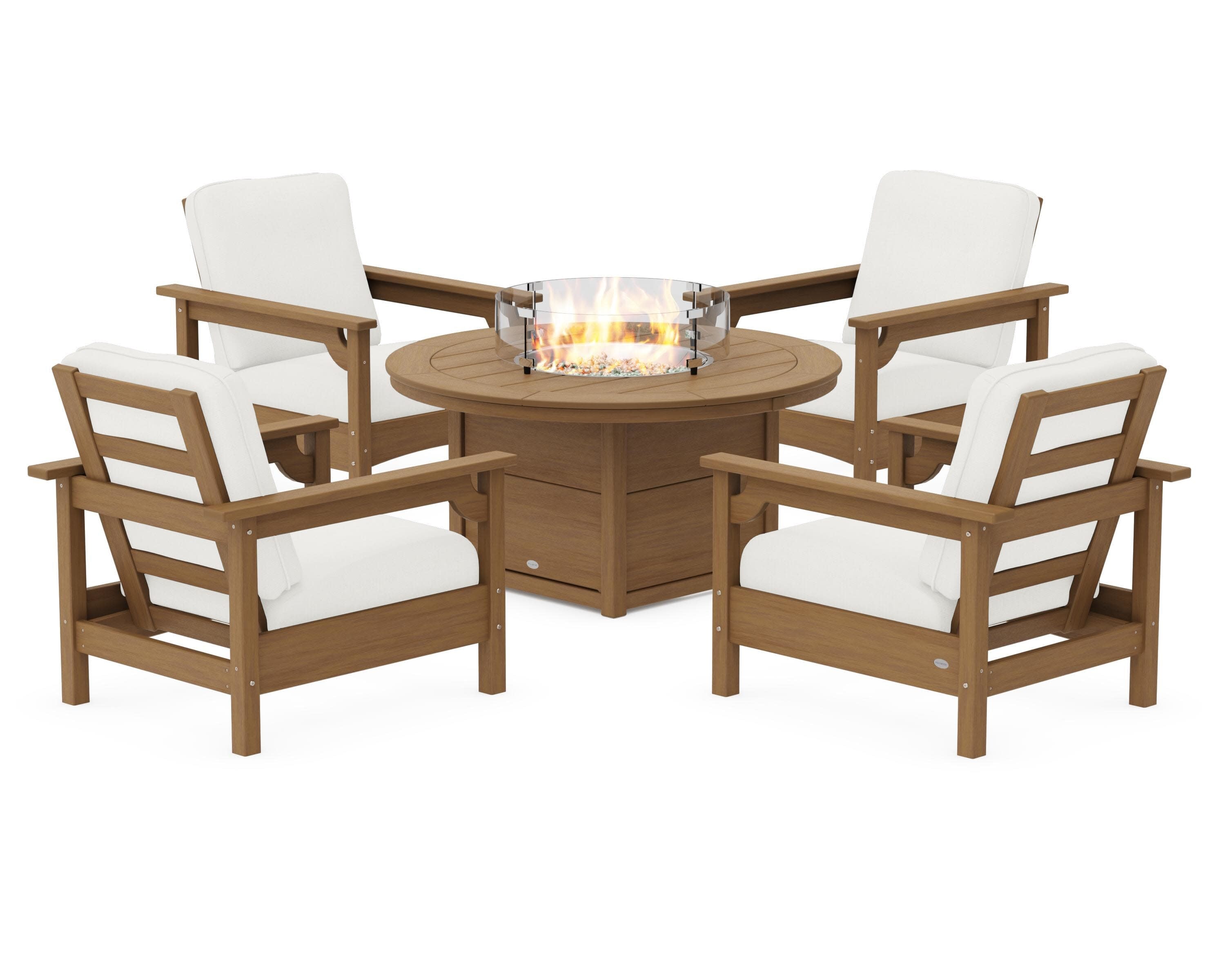 Club 5-Piece Conversation Set with Fire Pit Table in Natural / Natural Linen
