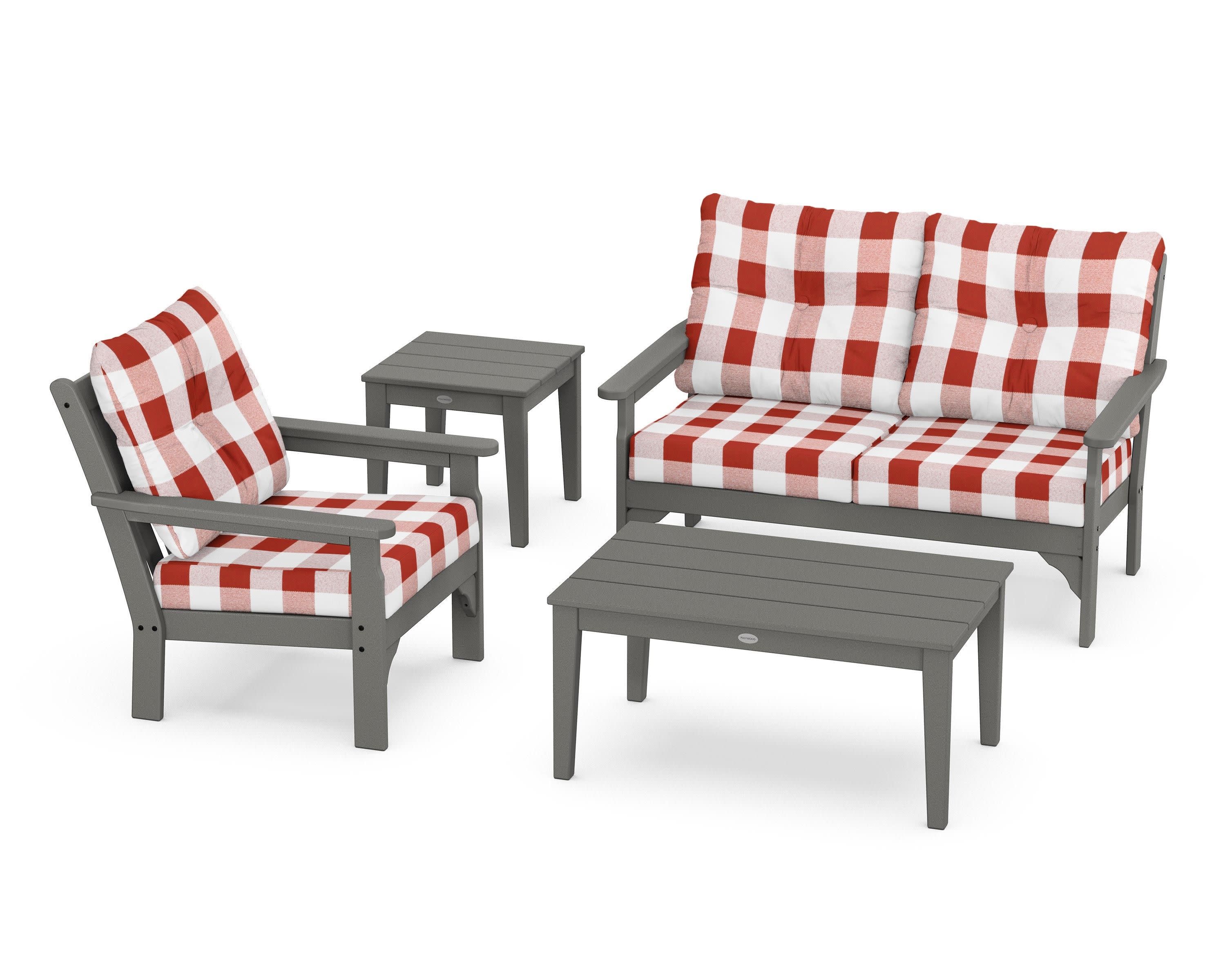 Vineyard 4-Piece Deep Seating Set in Slate Grey / Buffalo Plaid Crimson