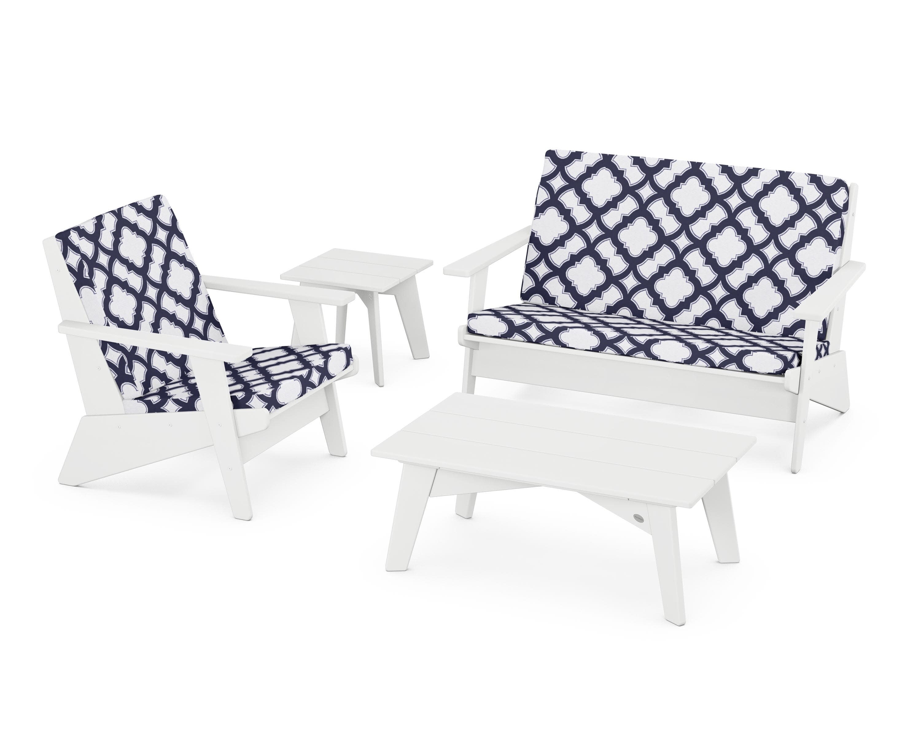 Riviera Modern Lounge 4-Piece Set in White / Trellis Navy