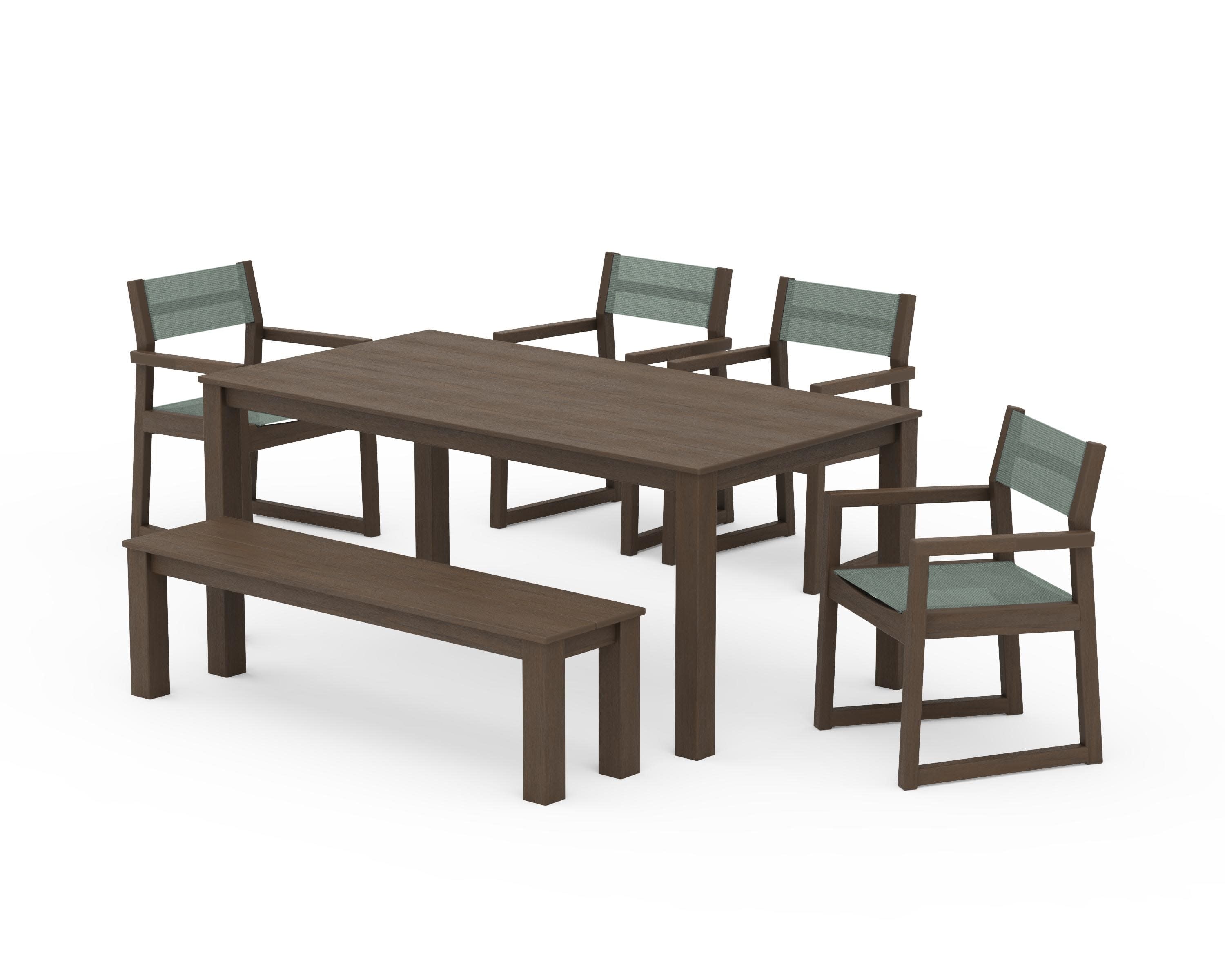EDGE Sling Arm Chair 6-Piece Parsons Dining Set with Bench in Kona / Dupioni Sea Mist Sling