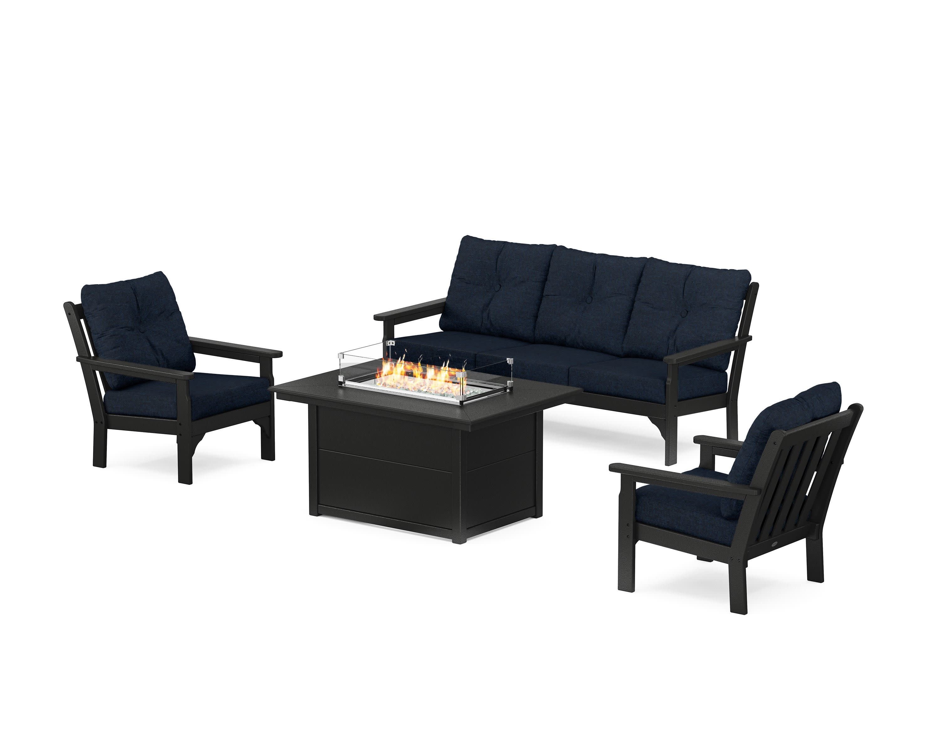 Vineyard Deep Seating Fire Pit Table Set in Black / Marine Indigo