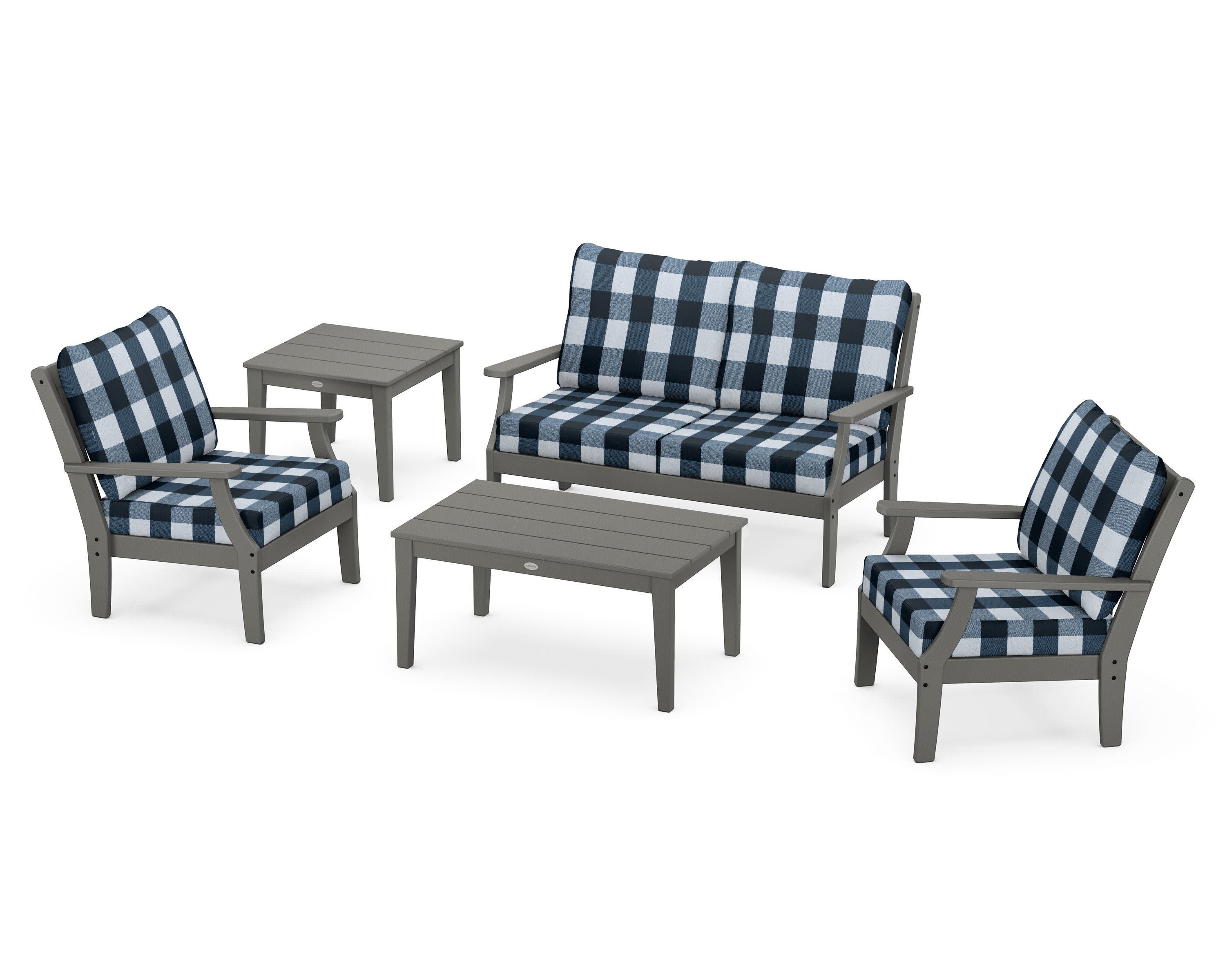 Braxton 5-Piece Deep Seating Set in Slate Grey / Buffalo Plaid Marine Indigo