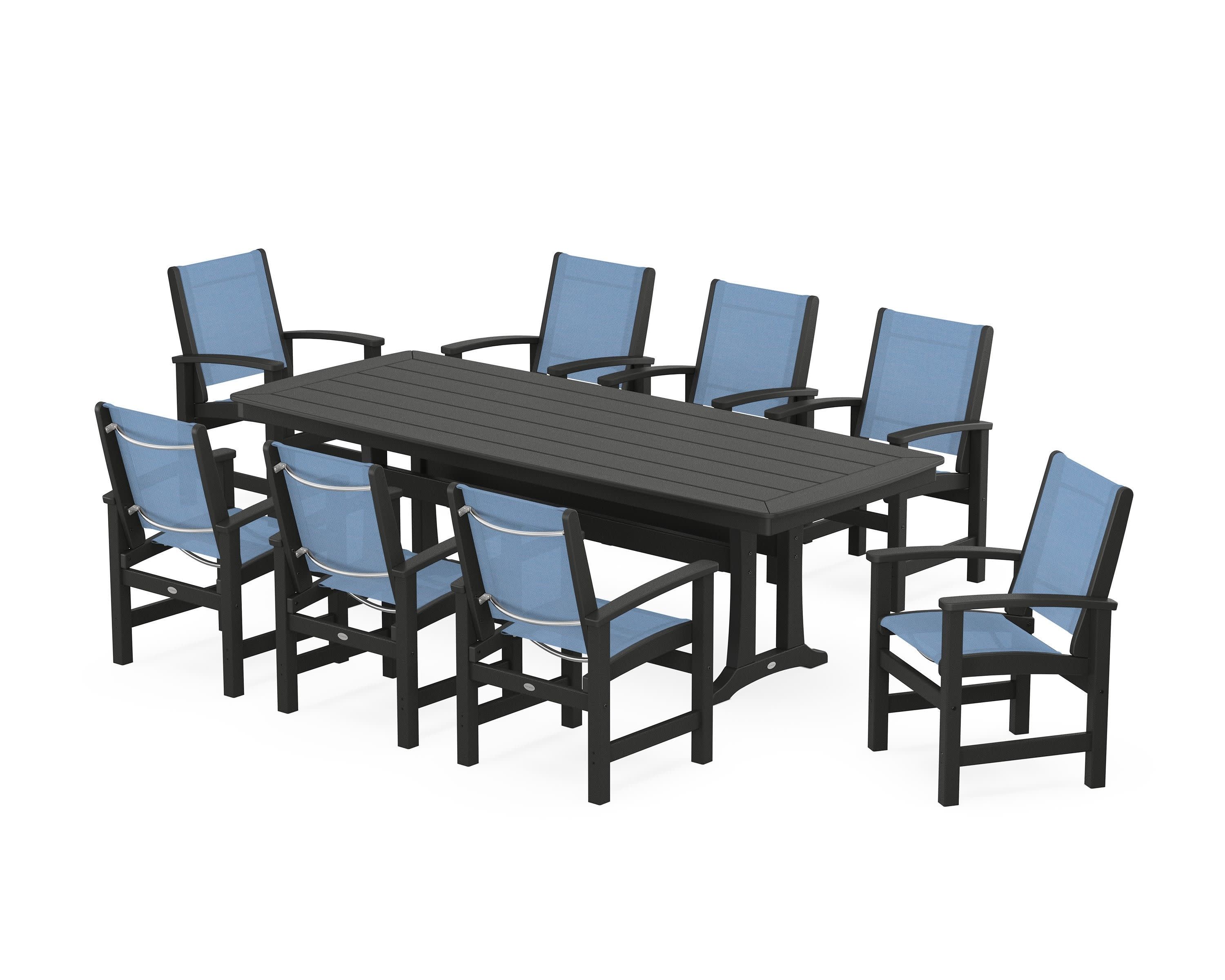 Coastal 9-Piece Dining Set with Trestle Legs in Black / Poolside Sling