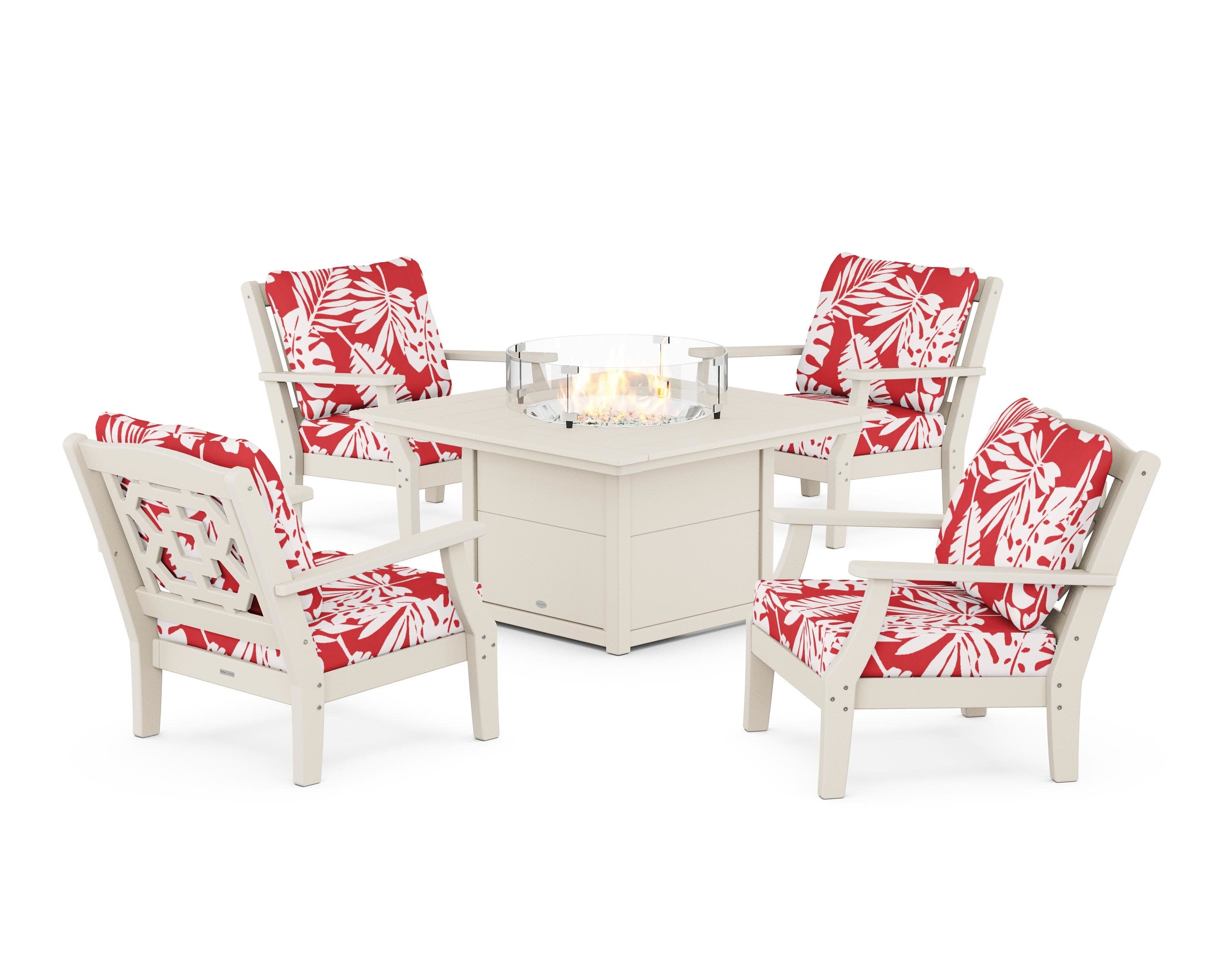 Chinoiserie 5-Piece Deep Seating Set with Fire Pit Table in Sand / Leaf Crimson