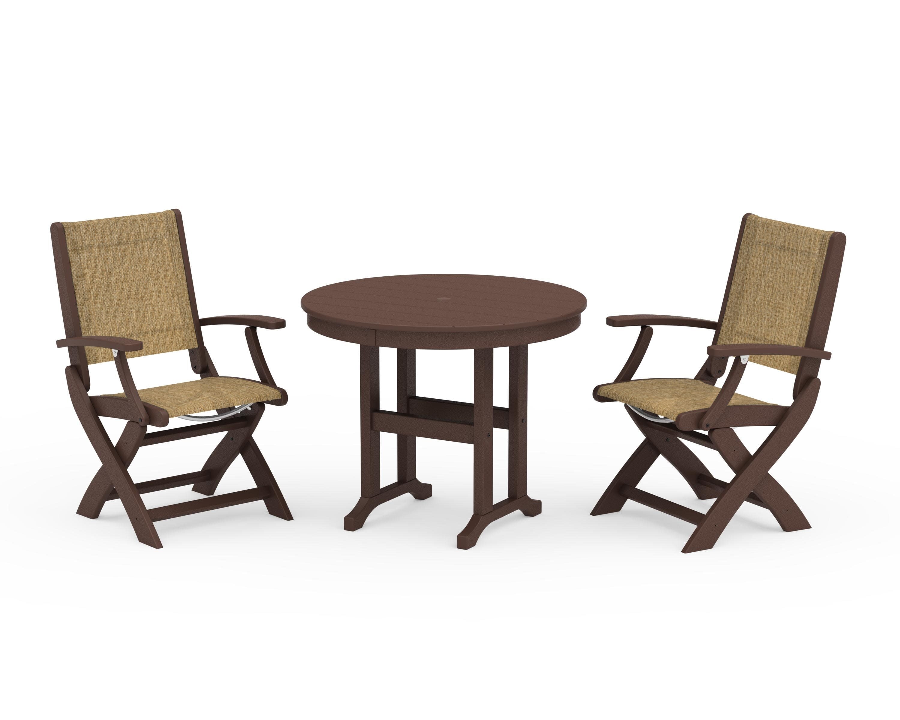 Coastal Folding Chair 3-Piece Round Dining Set in Mahogany / Burlap Sling
