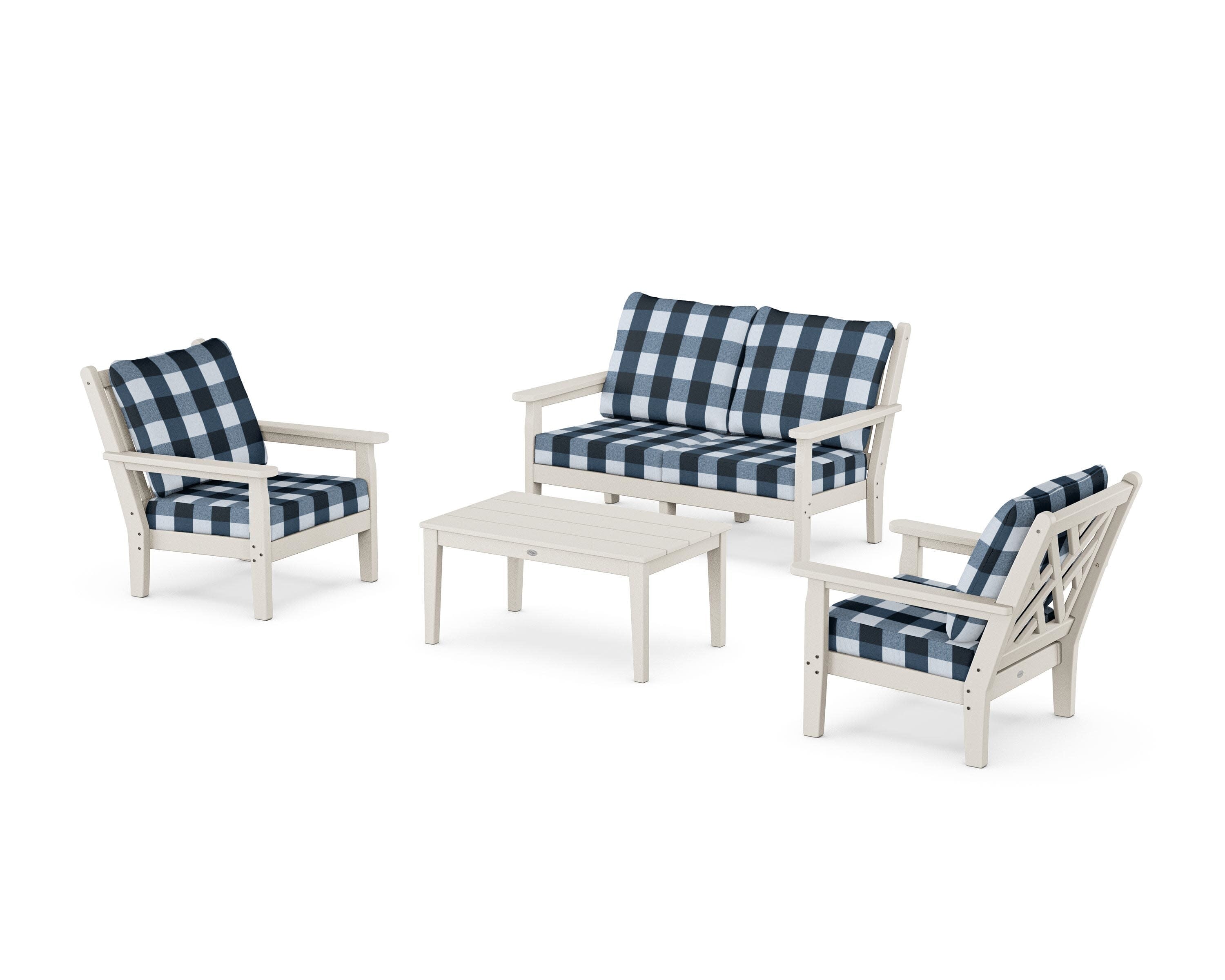 Chippendale 4-Piece Deep Seating Set with Loveseat in Sand / Buffalo Plaid Marine Indigo