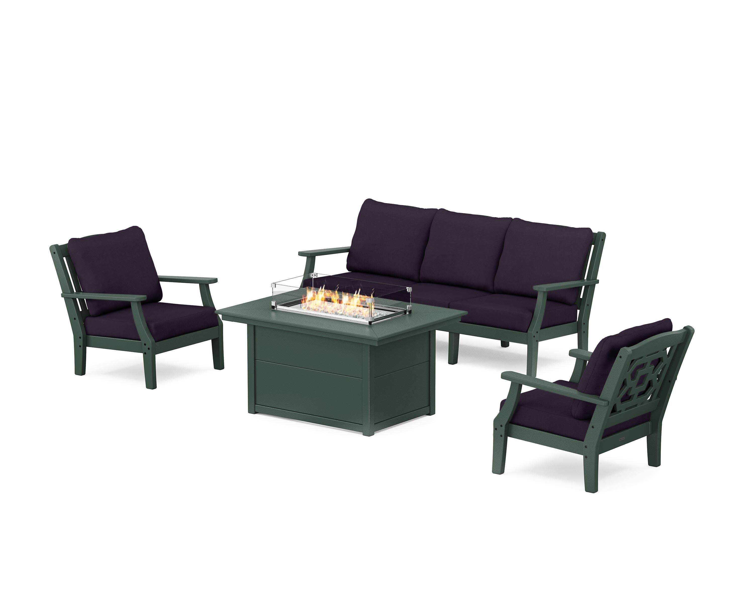 Chinoiserie Deep Seating Fire Pit Table Set in Green / Navy Linen