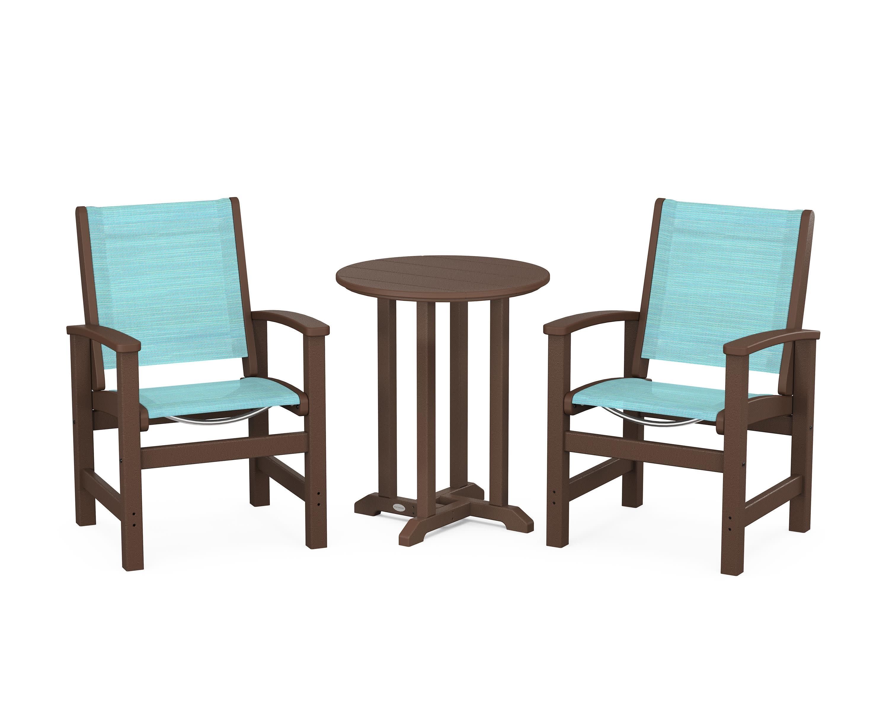 Coastal 3-Piece Round Bistro Dining Set in Mahogany / Dupioni Aquamarine Sling