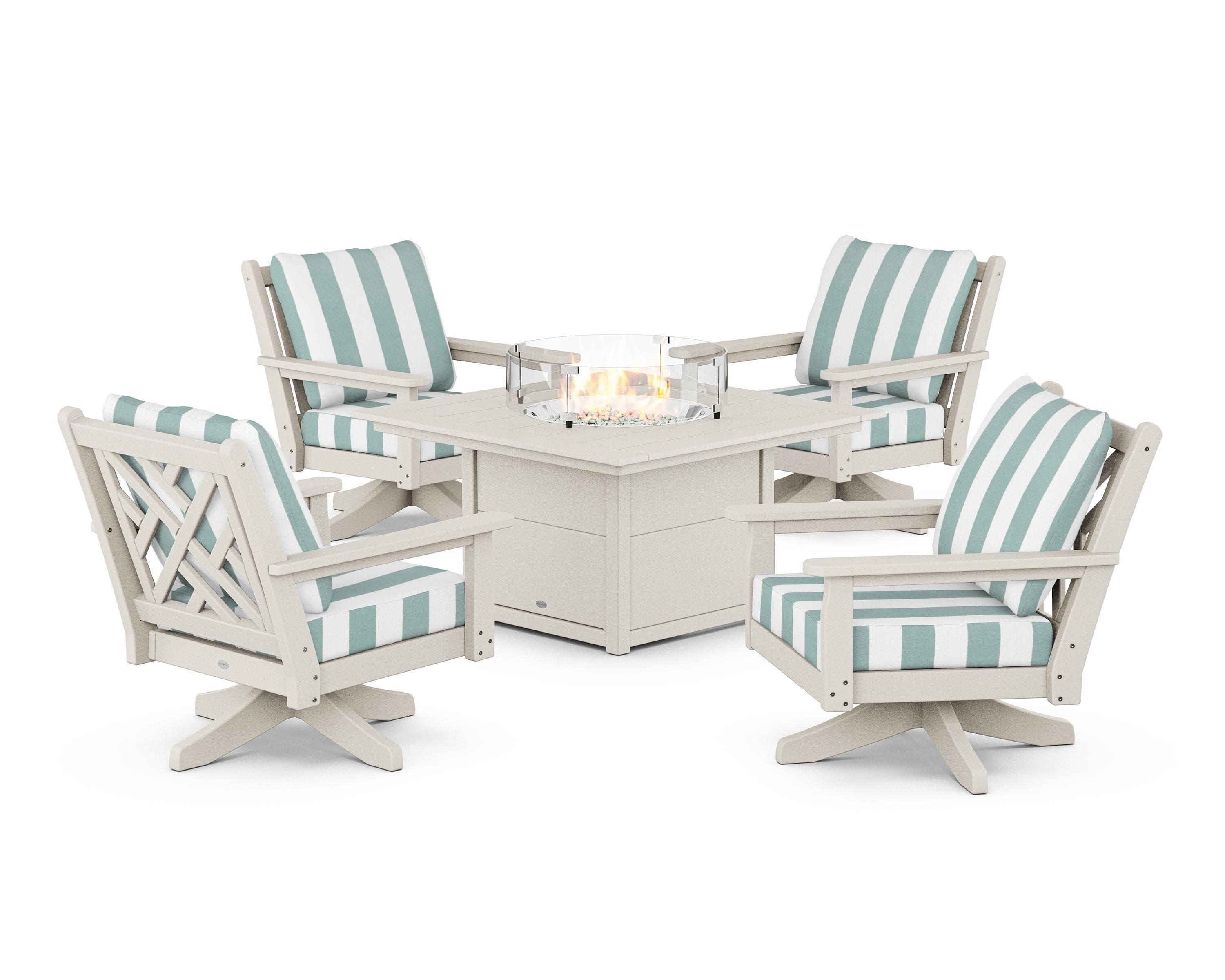 Chippendale 5-Piece Deep Seating Swivel Conversation Set with Fire Pit Table in Sand / Cabana Stripe Glacier Spa