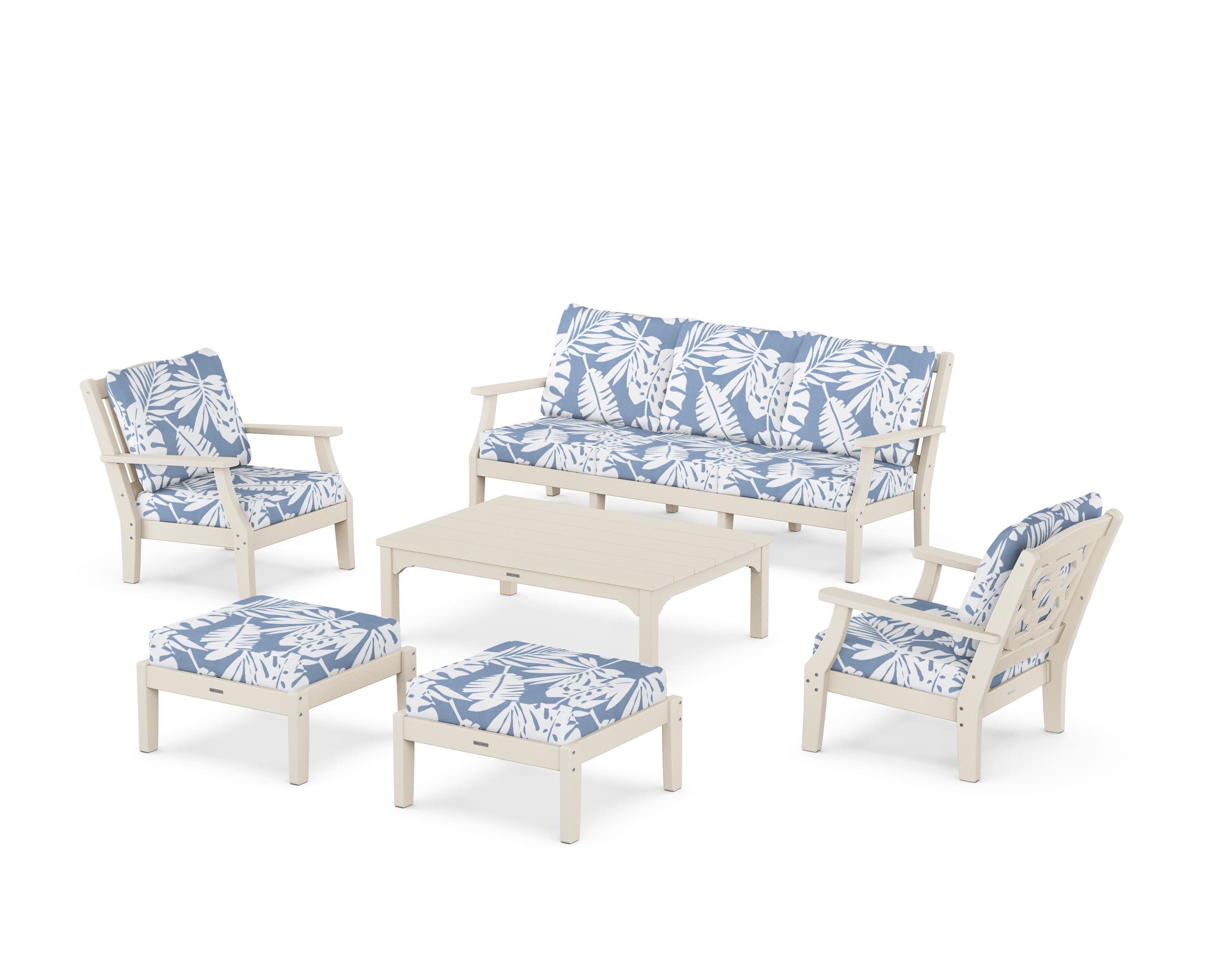 Chinoiserie 6-Piece Lounge Sofa Set in Sand / Leaf Sky Blue