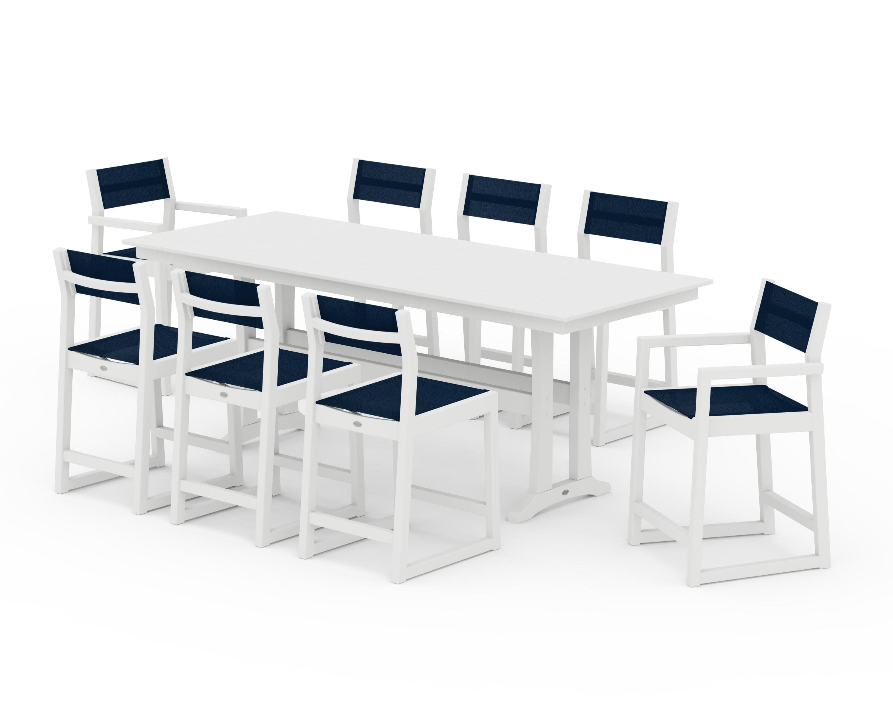 EDGE Sling 9-Piece Farmhouse Counter Set with Trestle Legs in White / Navy Blue Sling