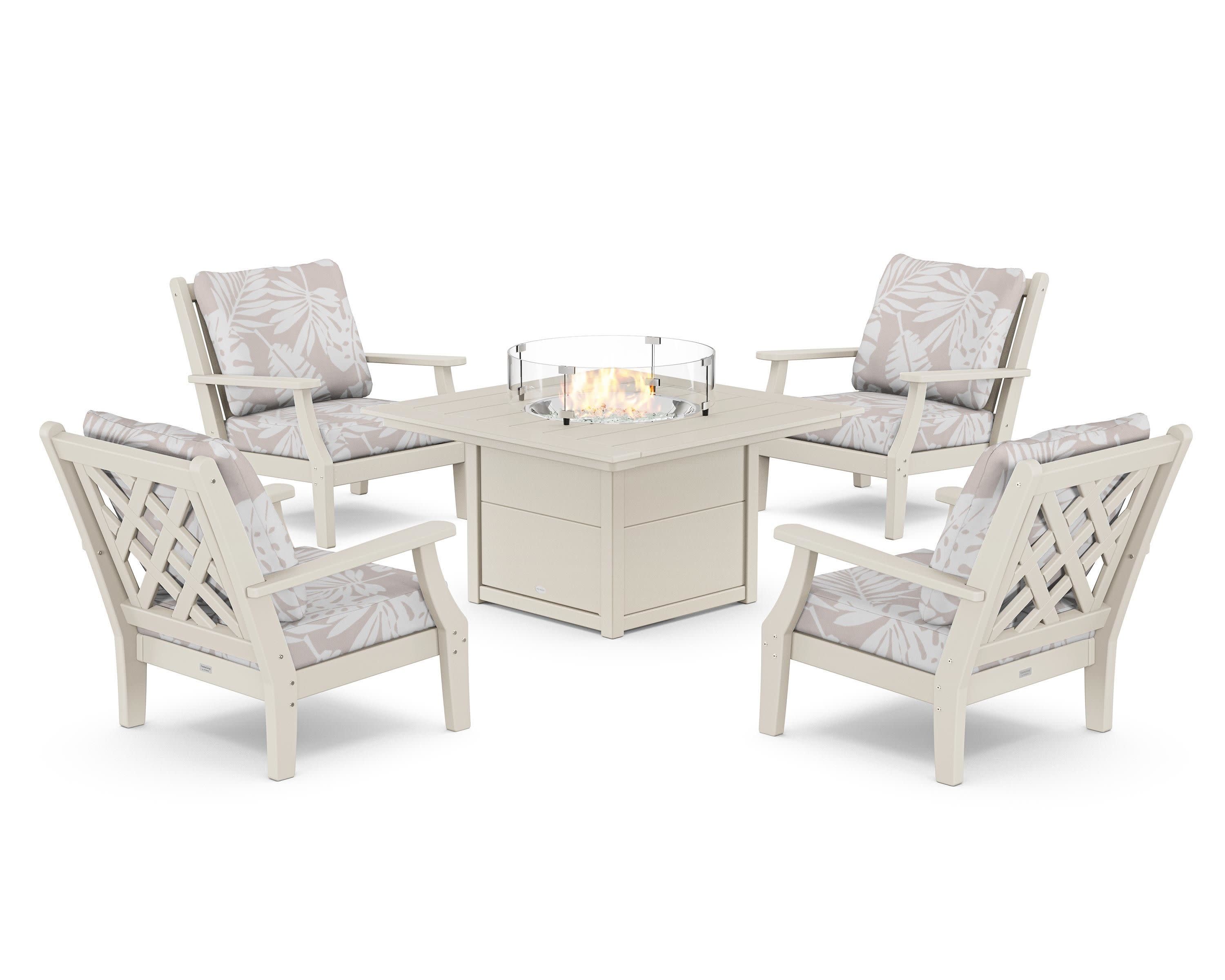 Wovendale 5-Piece Deep Seating Set with Fire Pit Table in Sand / Leaf Dune Burlap