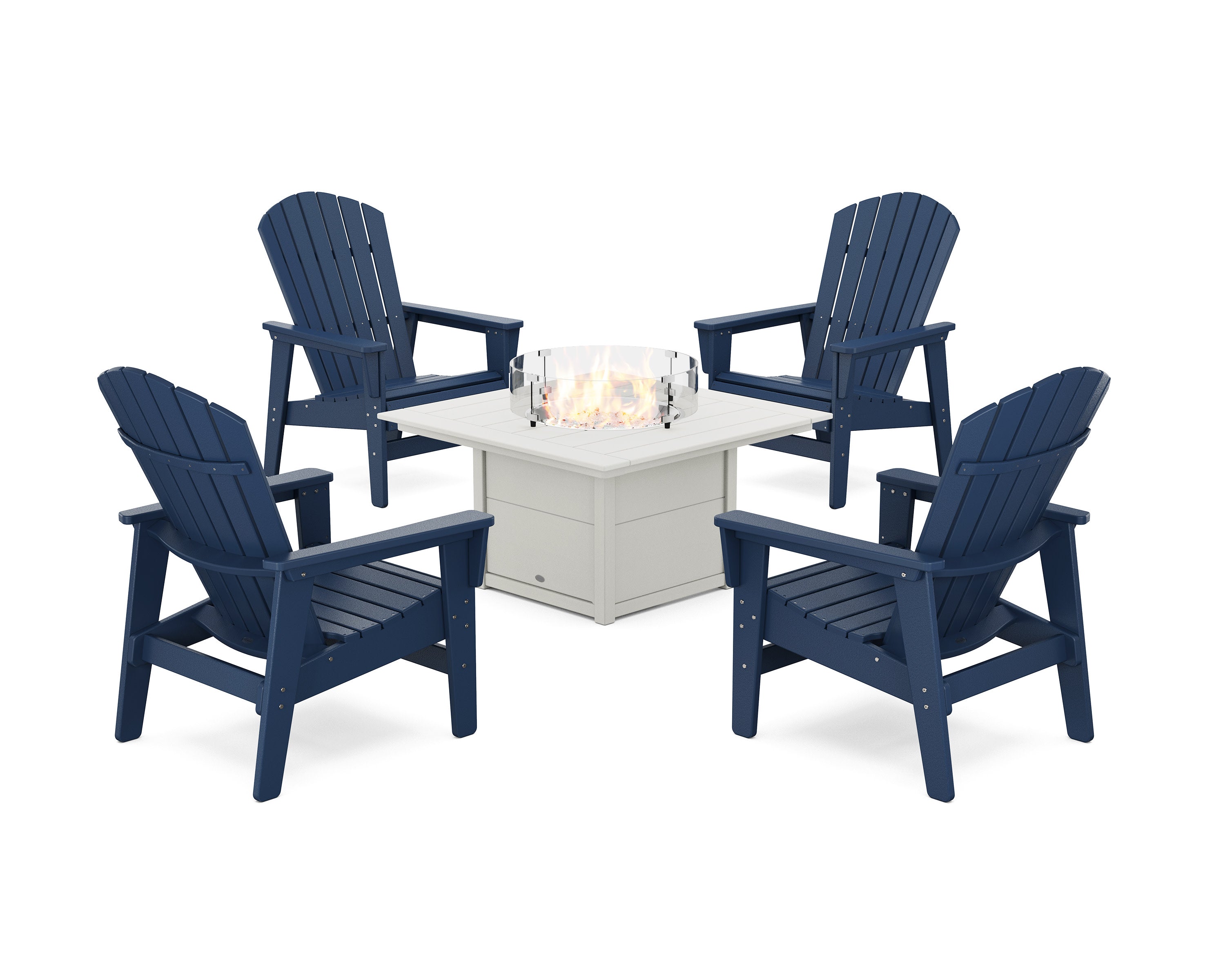 5-Piece Nautical Grand Upright Adirondack Conversation Set with Fire Pit Table in Navy / White