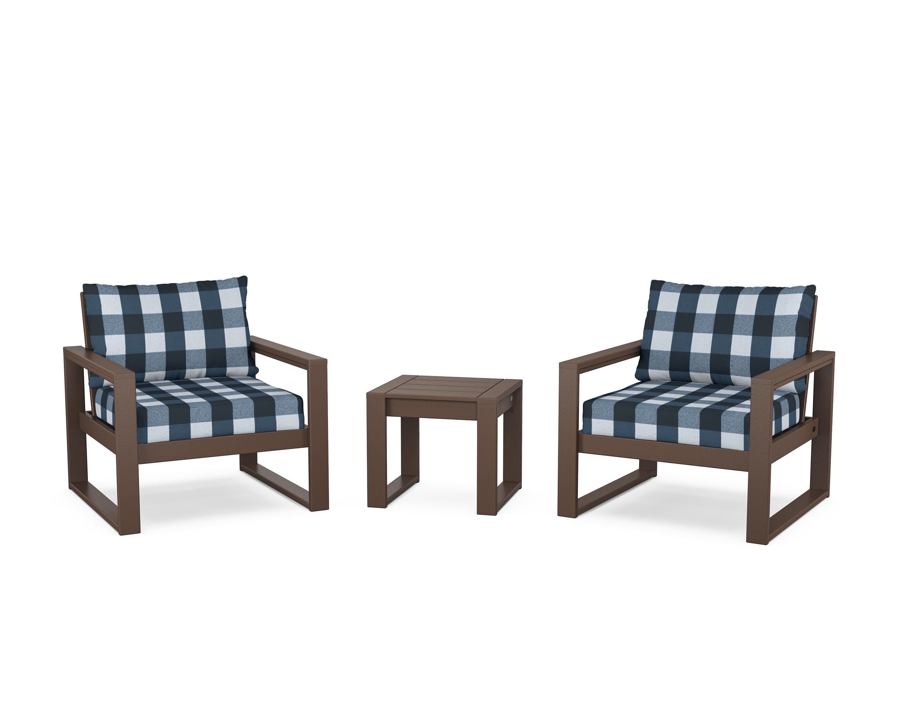 EDGE Sectional 3-Piece Deep Seating Set in Mahogany / Buffalo Plaid Marine Indigo