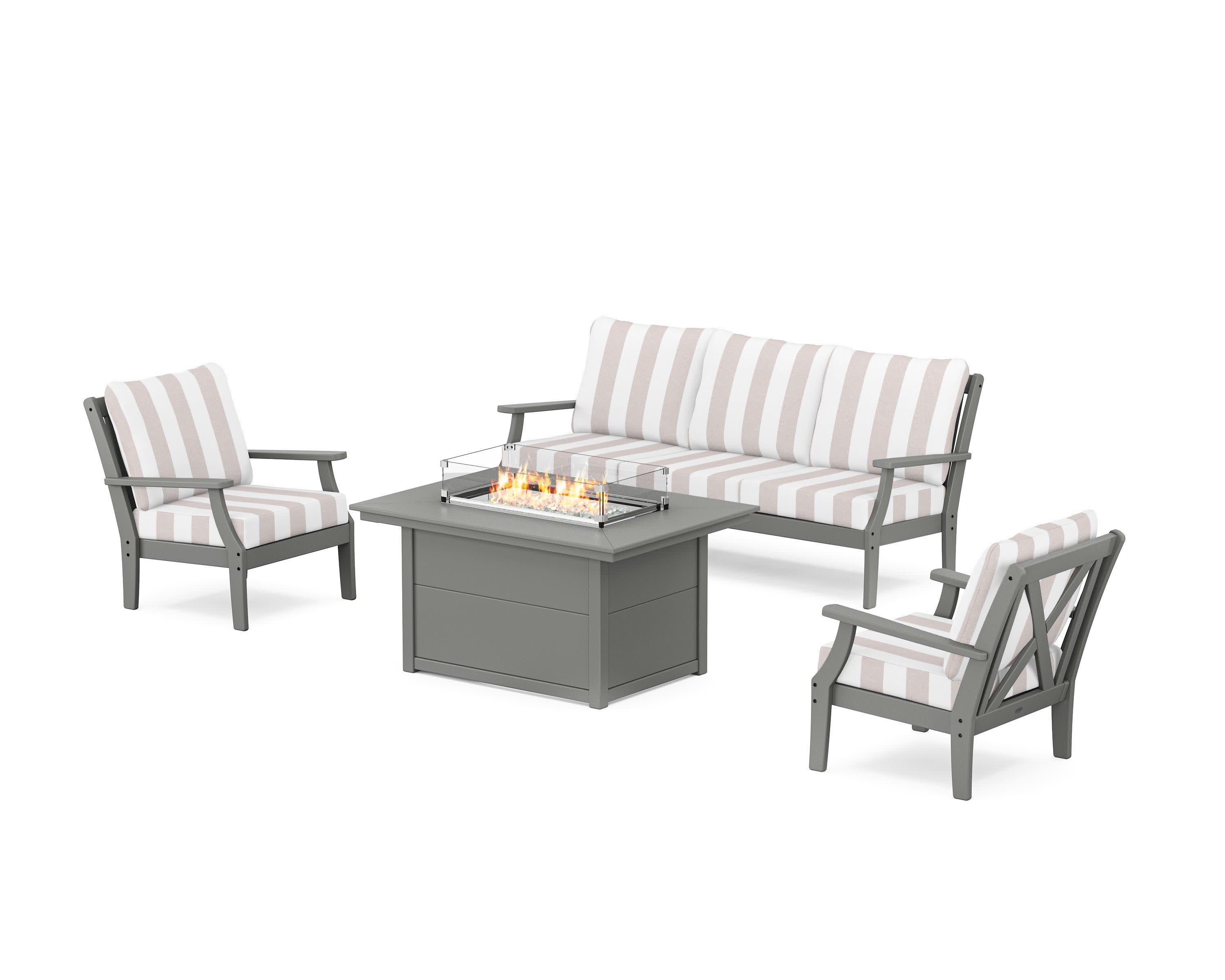 Braxton Deep Seating Fire Pit Table Set in Slate Grey / Cabana Stripe Dune Burlap