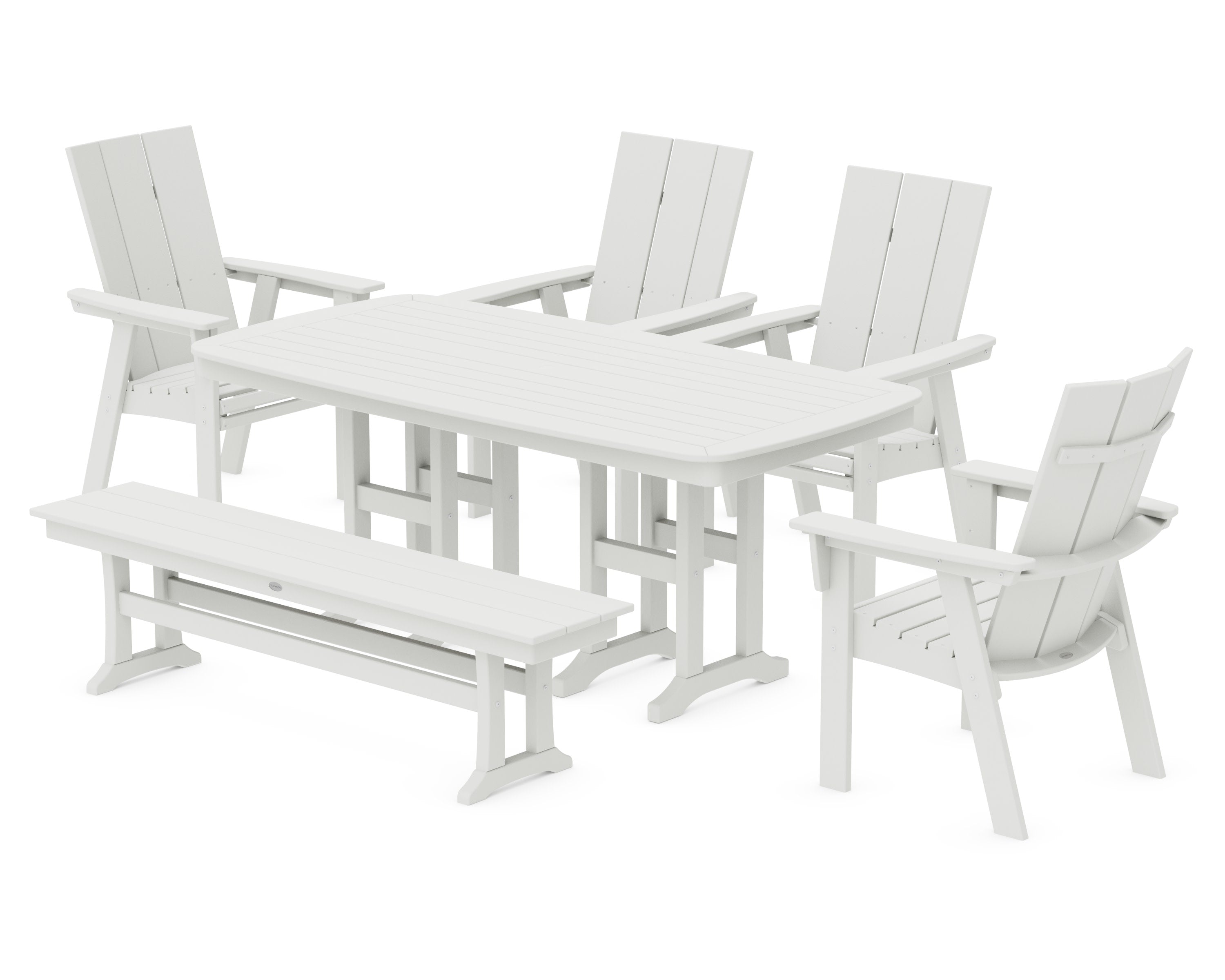 Modern Curveback Adirondack 6-Piece Dining Set with Bench in Vintage White