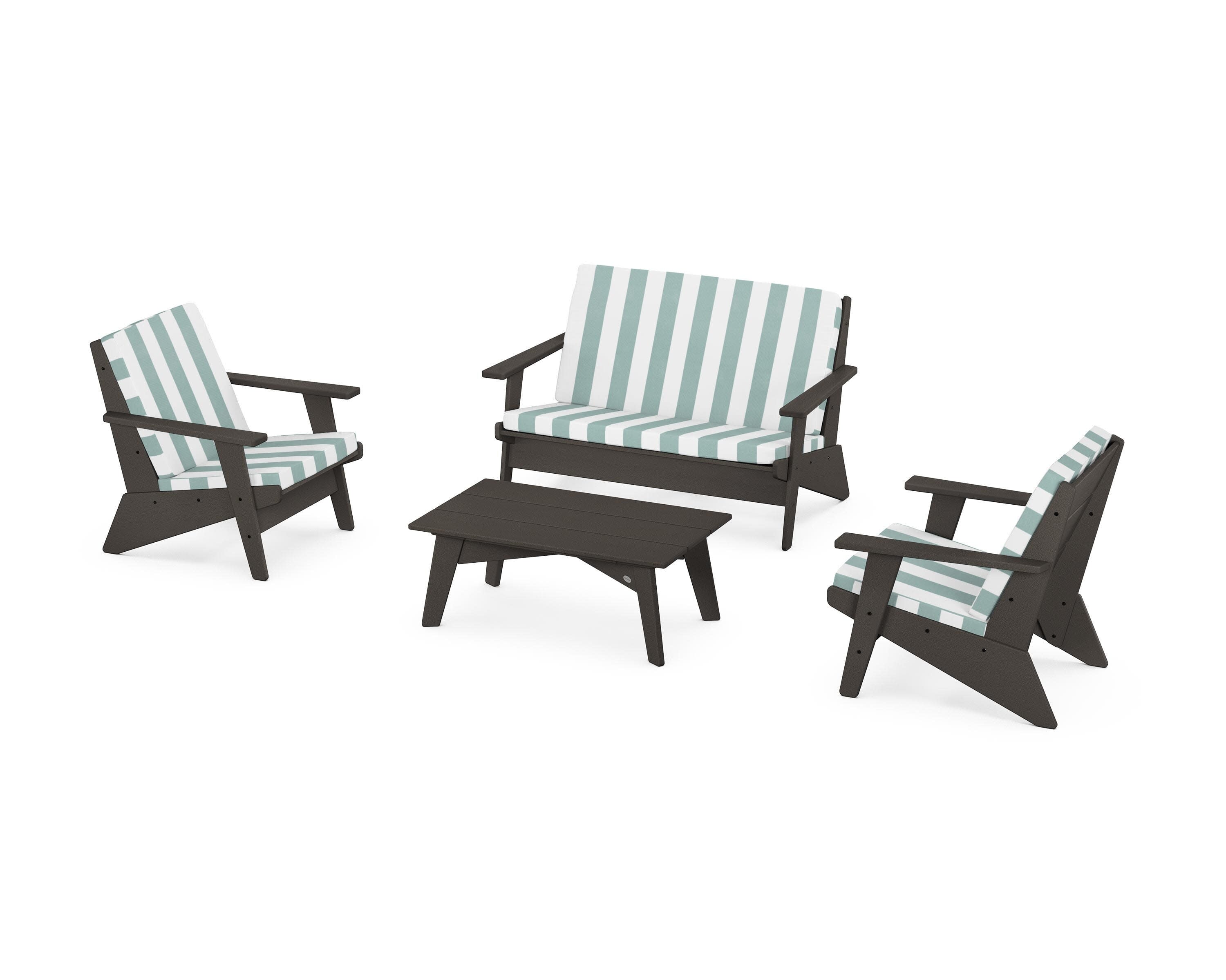 Riviera Modern Lounge 4-Piece Set in Vintage Coffee / Cabana Stripe Glacier Spa