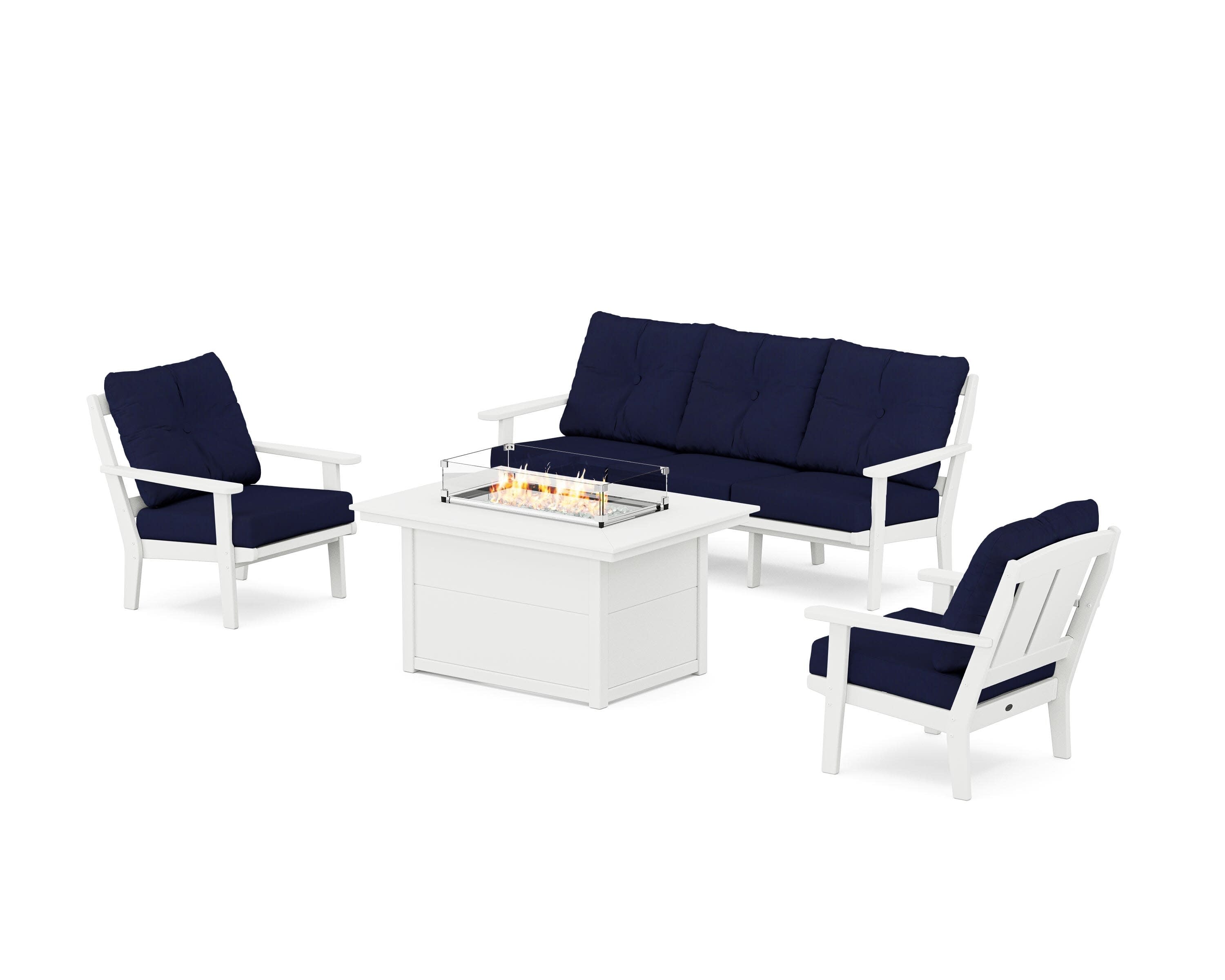 Mission Deep Seating Fire Pit Table Set in White / Navy