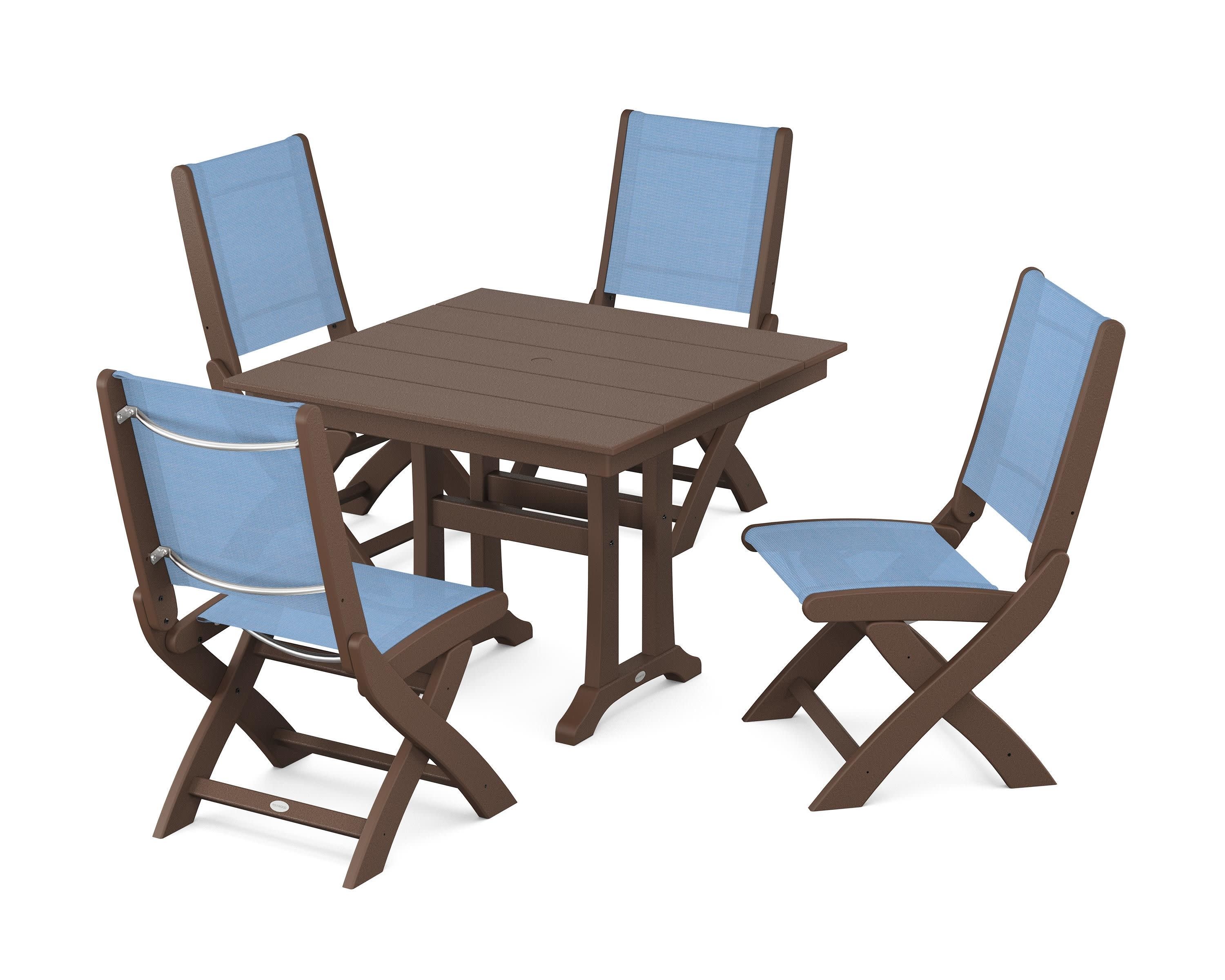 Coastal Folding Side Chair 5-Piece Farmhouse Dining Set With Trestle Legs in Mahogany / Poolside Sling