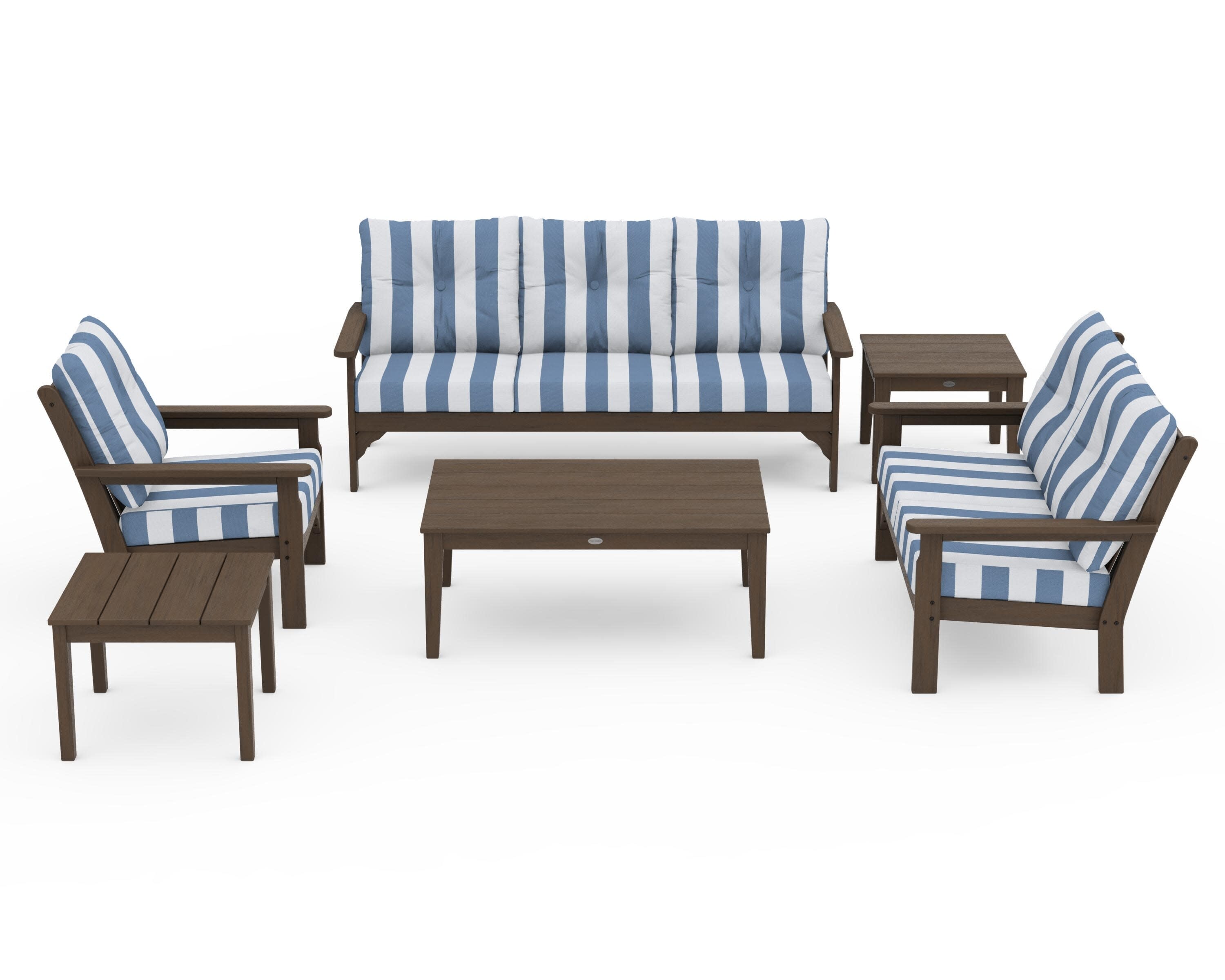 Vineyard 6-Piece Deep Seating Set in Kona / Cabana Stripe Sky Blue
