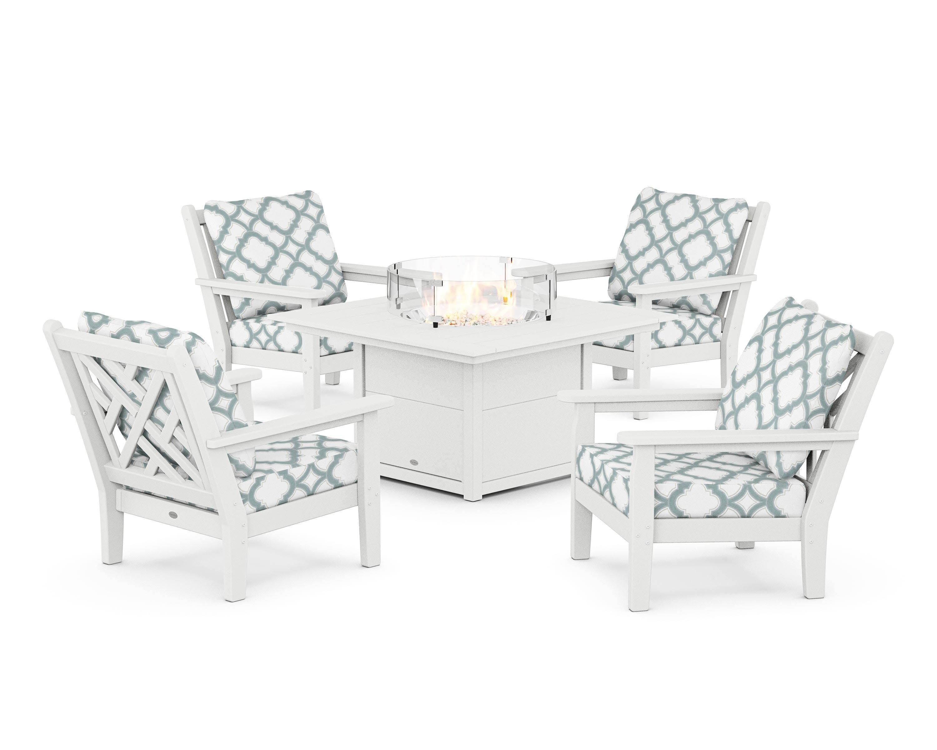 Chippendale 5-Piece Deep Seating Set with Fire Pit Table in White / Trellis Glacier Spa