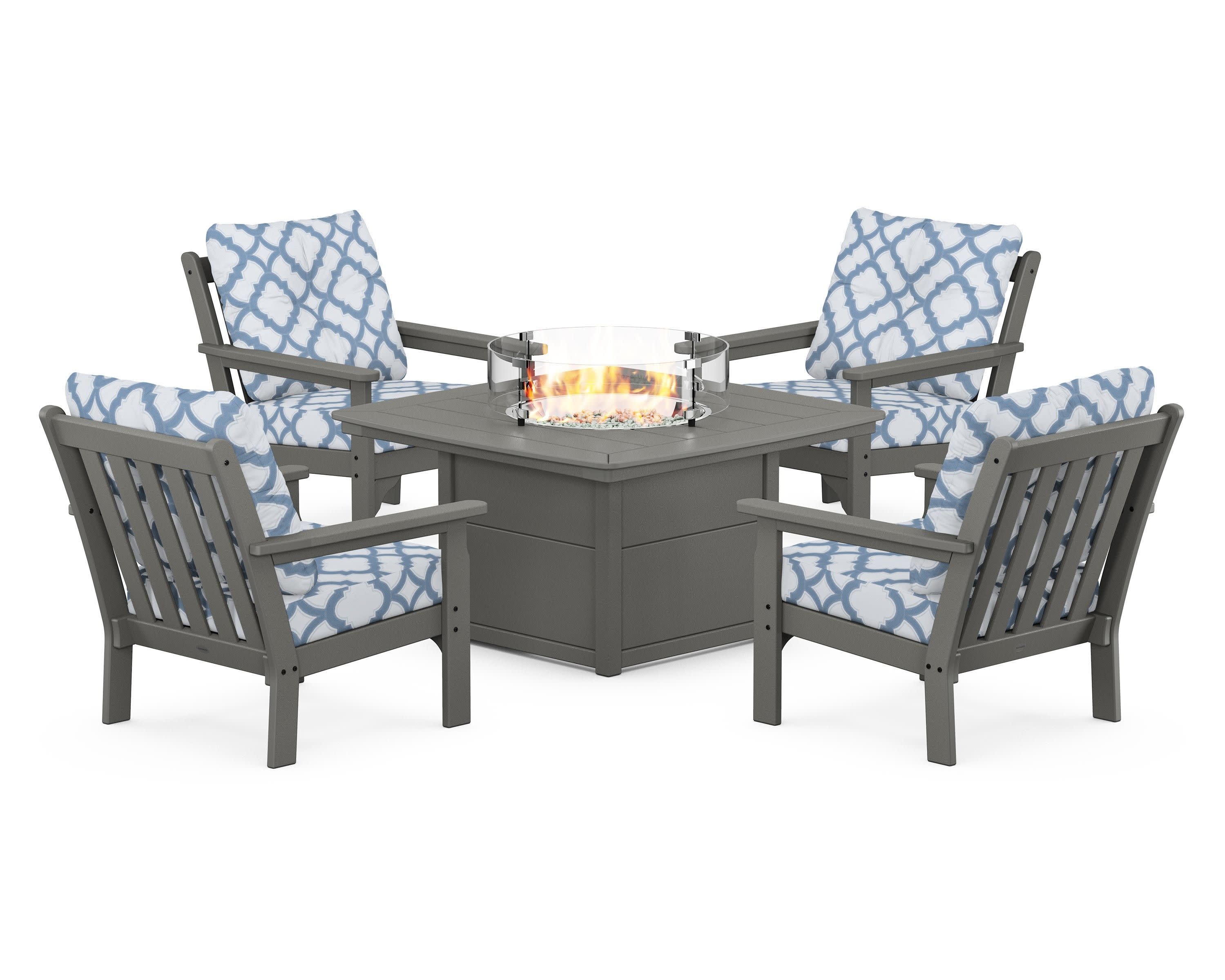 Vineyard 5-Piece Conversation Set with Fire Pit Table in Slate Grey / Trellis Sky Blue