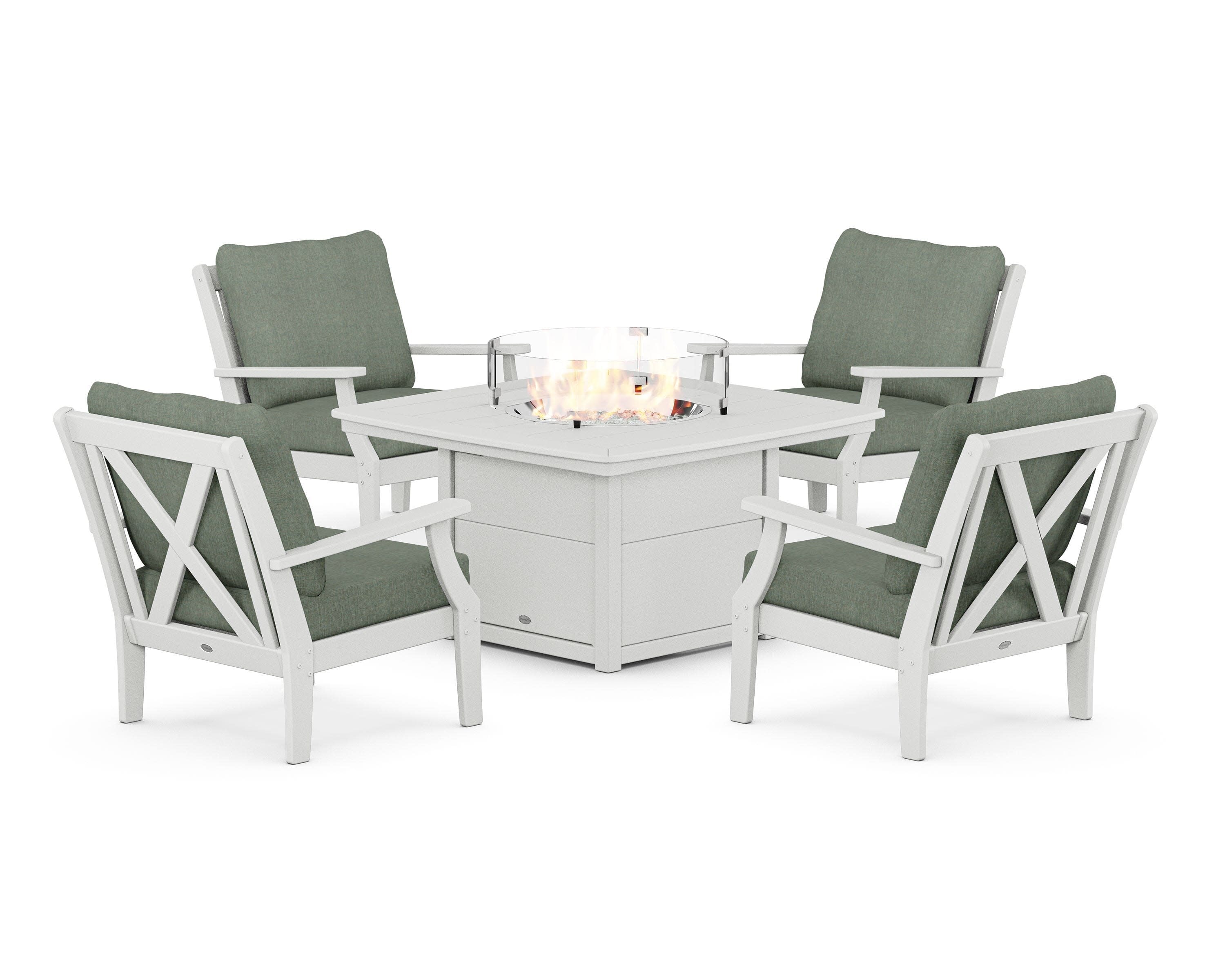 Braxton 5-Piece Deep Seating Conversation Set with Fire Pit Table in White / Cast Sage