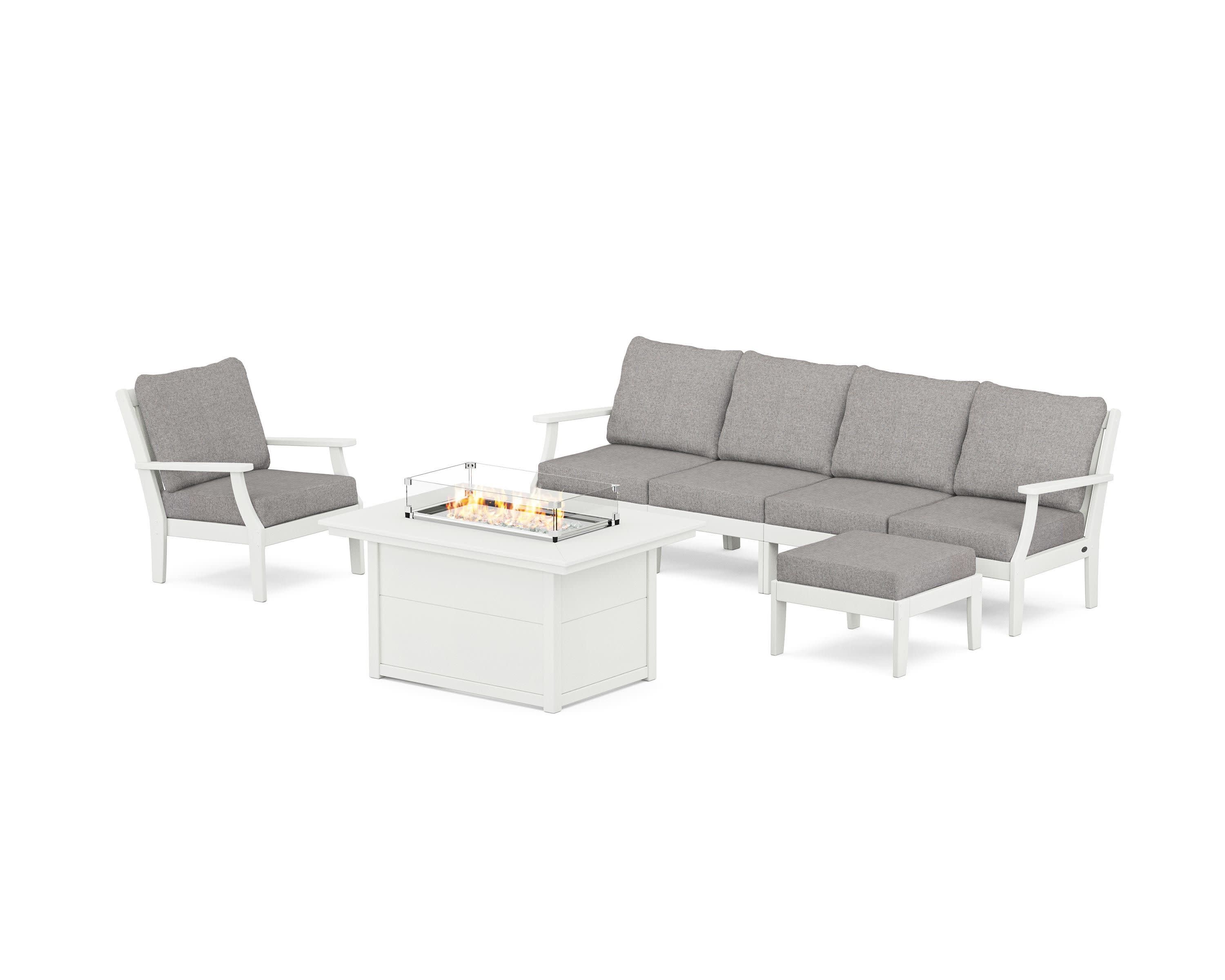Braxton Sectional Lounge and Fire Pit Set in Vintage White / Grey Mist