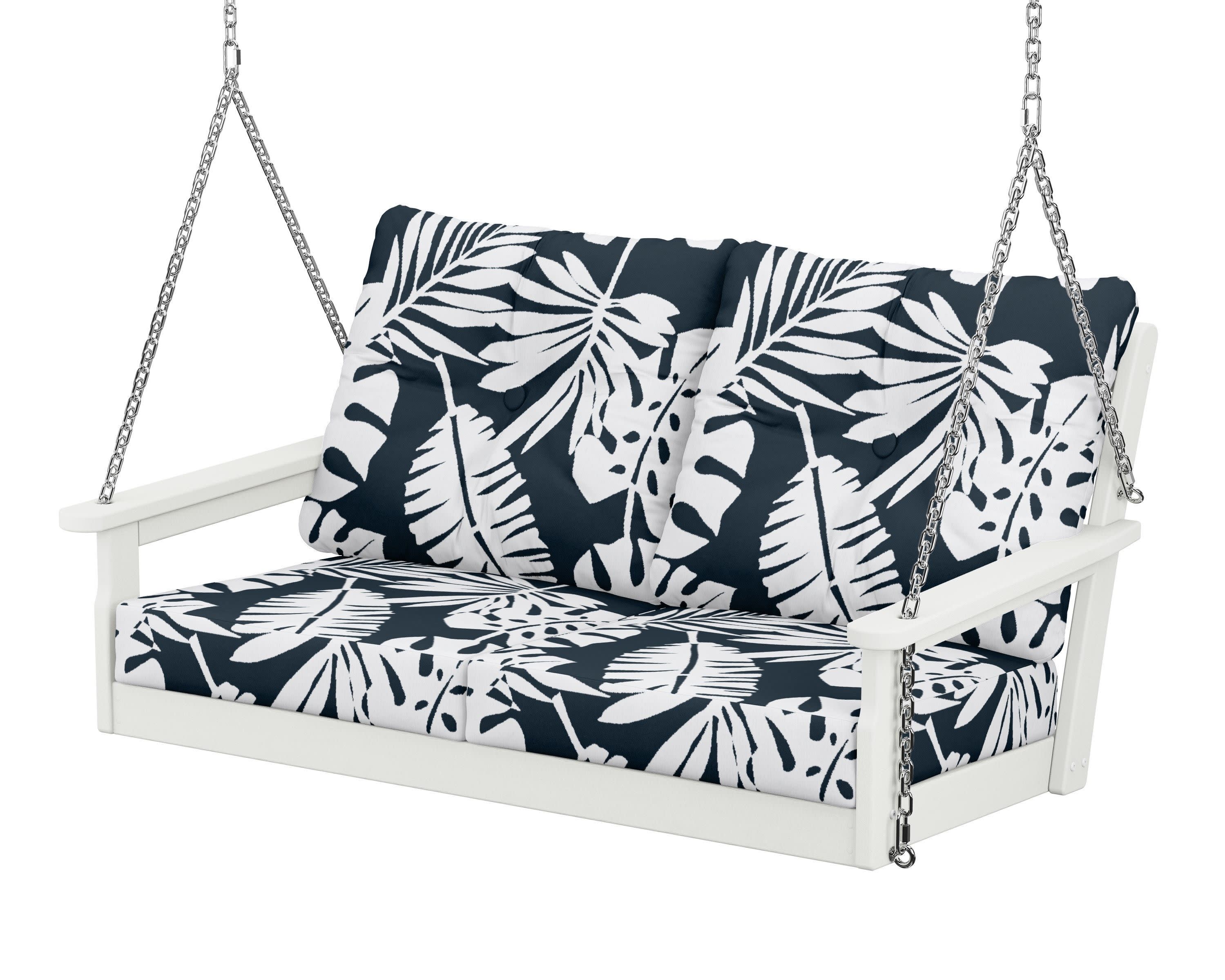 Vineyard Deep Seating Swing in Vintage White / Leaf Marine Indigo