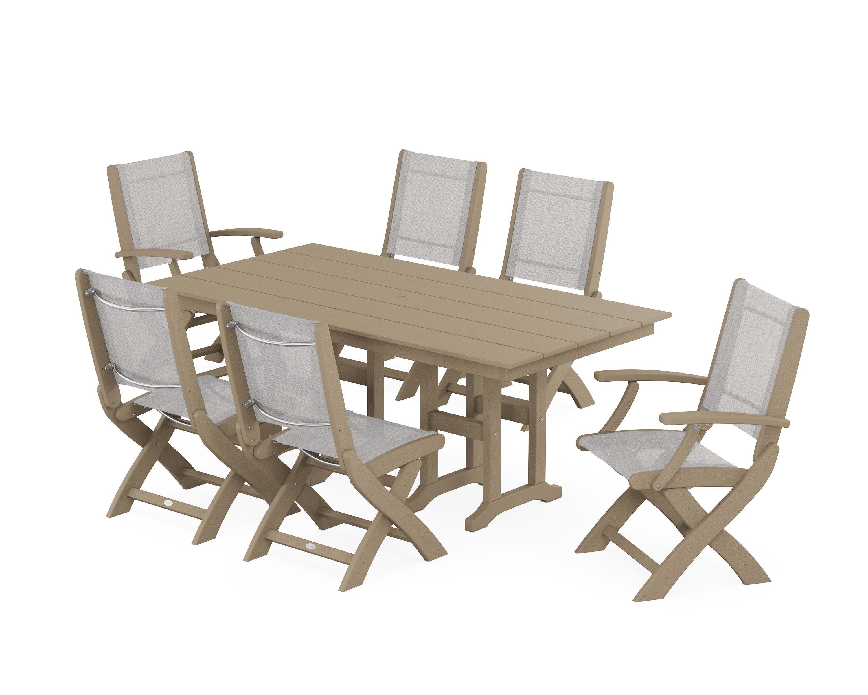 Coastal Folding Chair 7-Piece Farmhouse Dining Set in Vintage Sahara / Parchment Sling