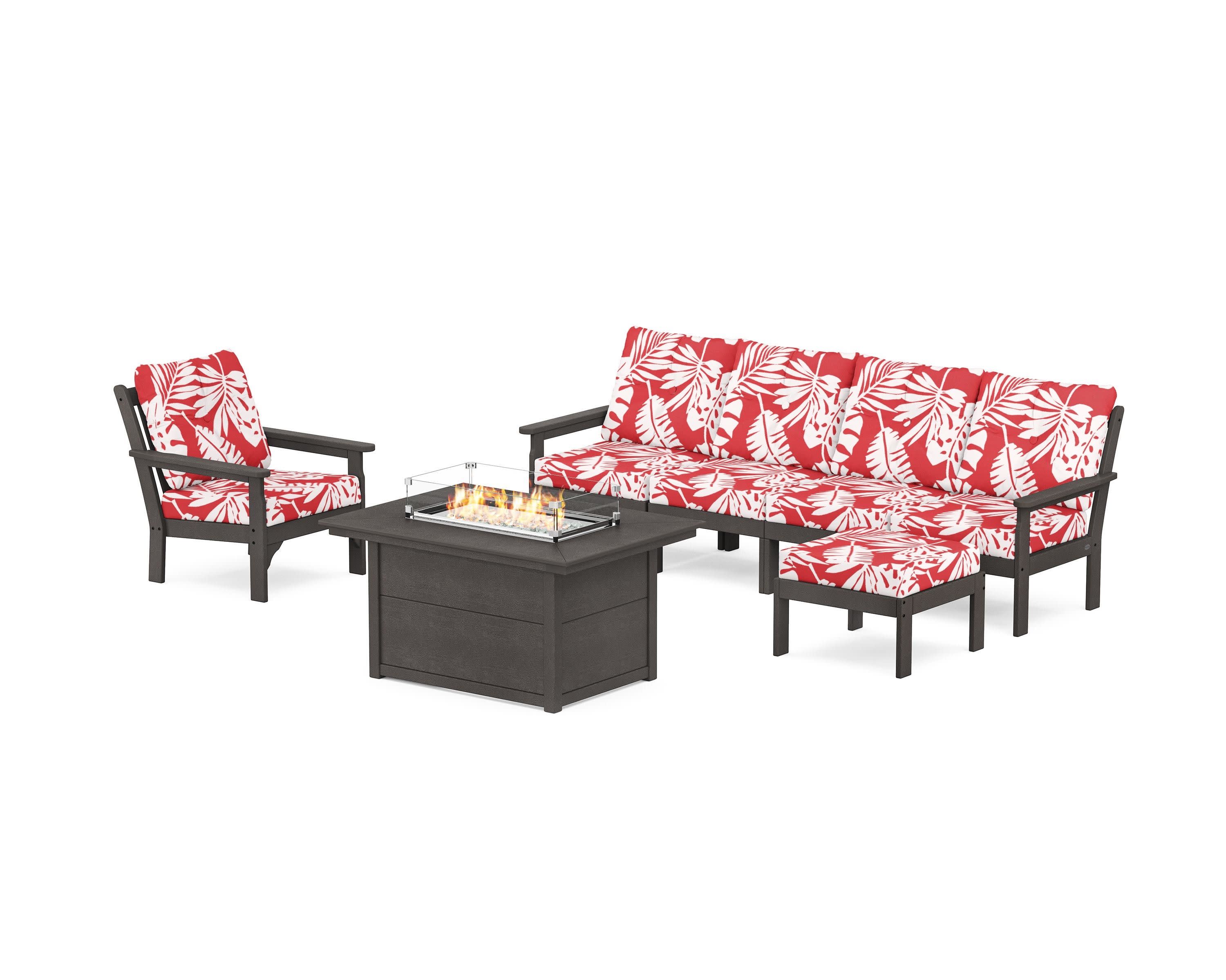Vineyard Sectional Lounge and Fire Pit Set in Vintage Coffee / Leaf Crimson
