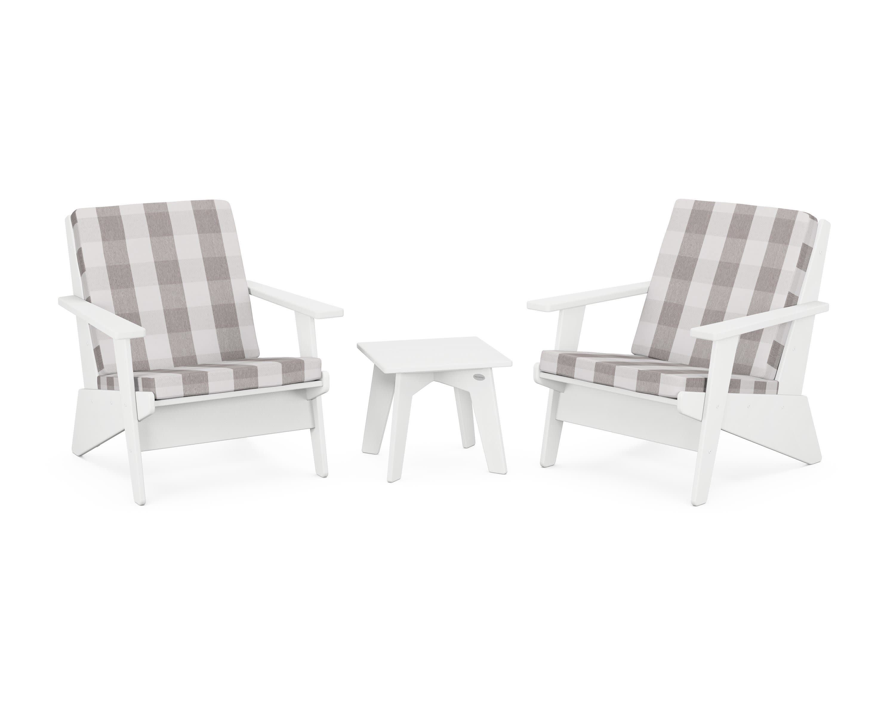 Riviera Modern Lounge 3-Piece Set in White / Buffalo Plaid Grey Mist