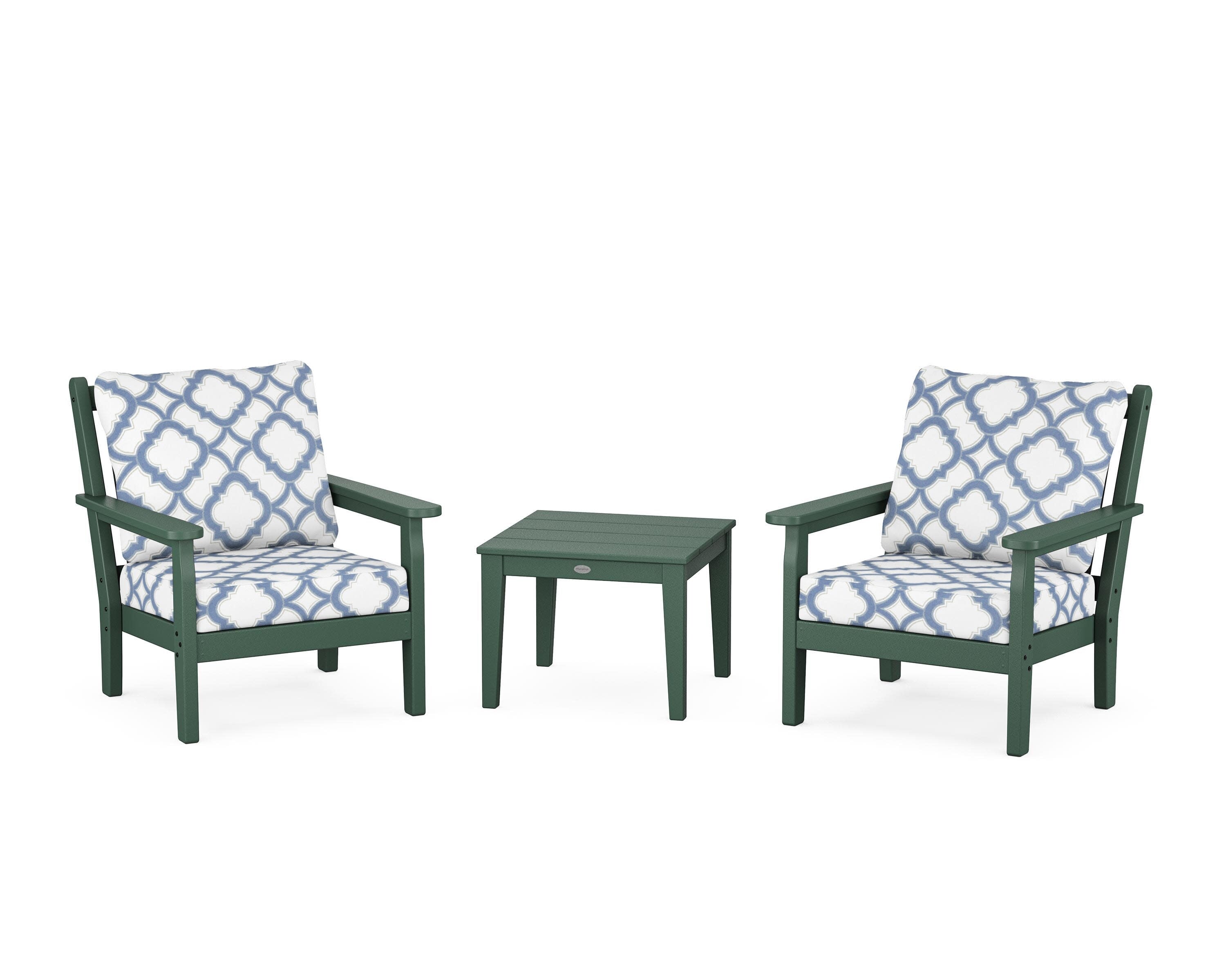 Chippendale 3-Piece Deep Seating Set in Green / Trellis Sky Blue