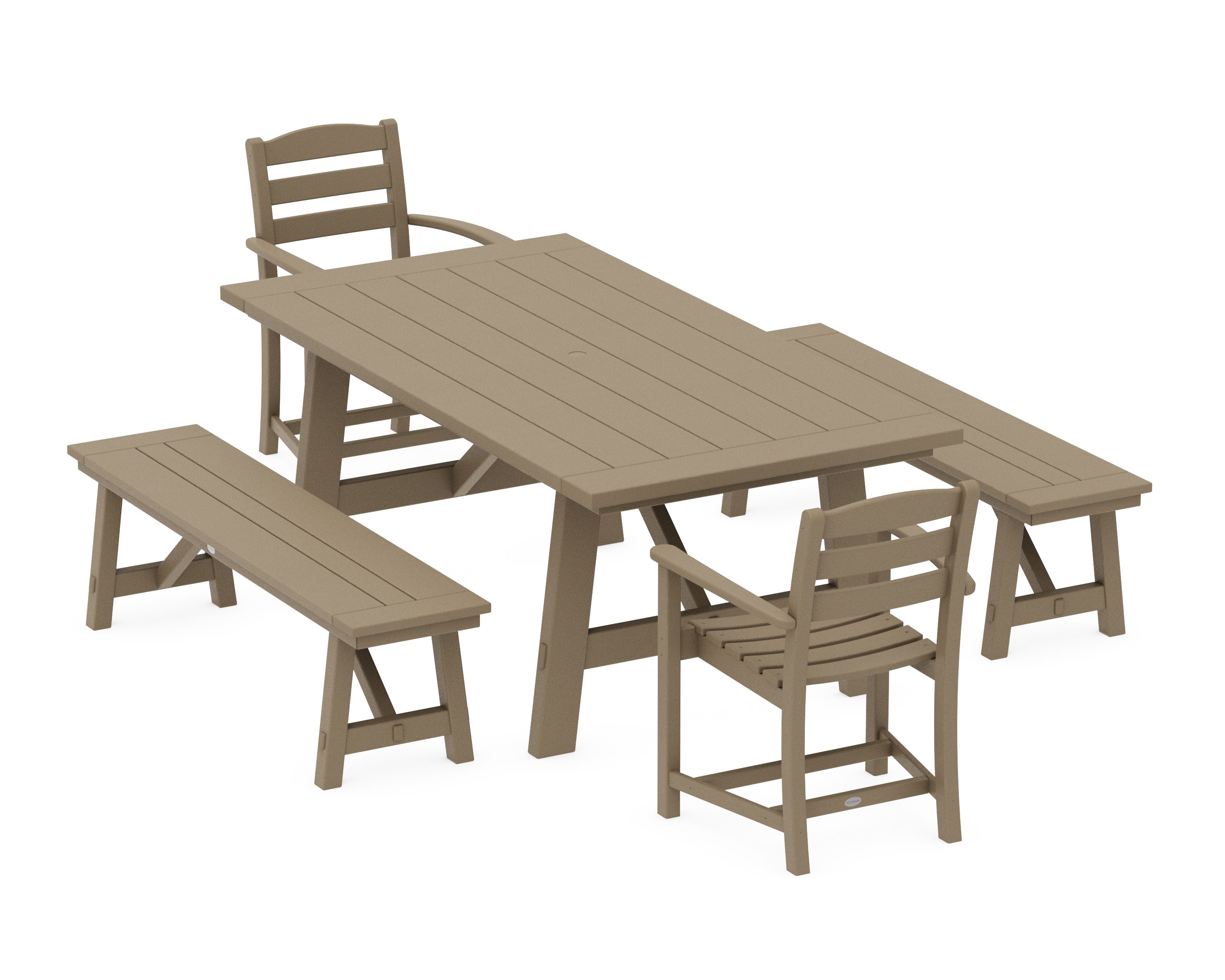 La Casa Caf 5-Piece Rustic Farmhouse Dining Set With Benches in Vintage Sahara