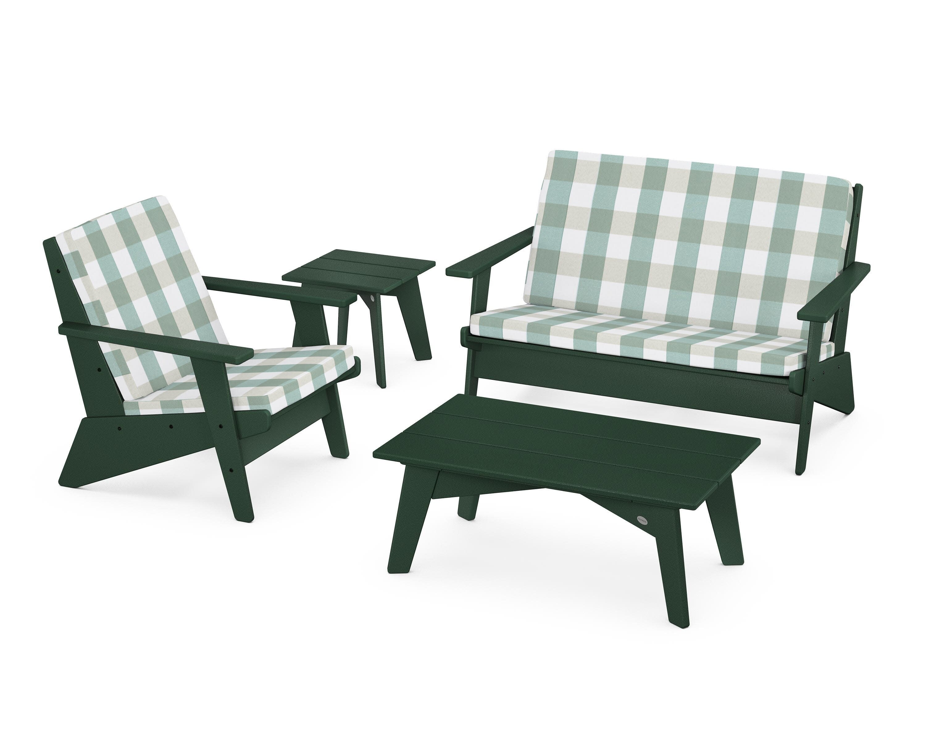 Riviera Modern Lounge 4-Piece Set in Green / Buffalo Plaid Glacier Spa
