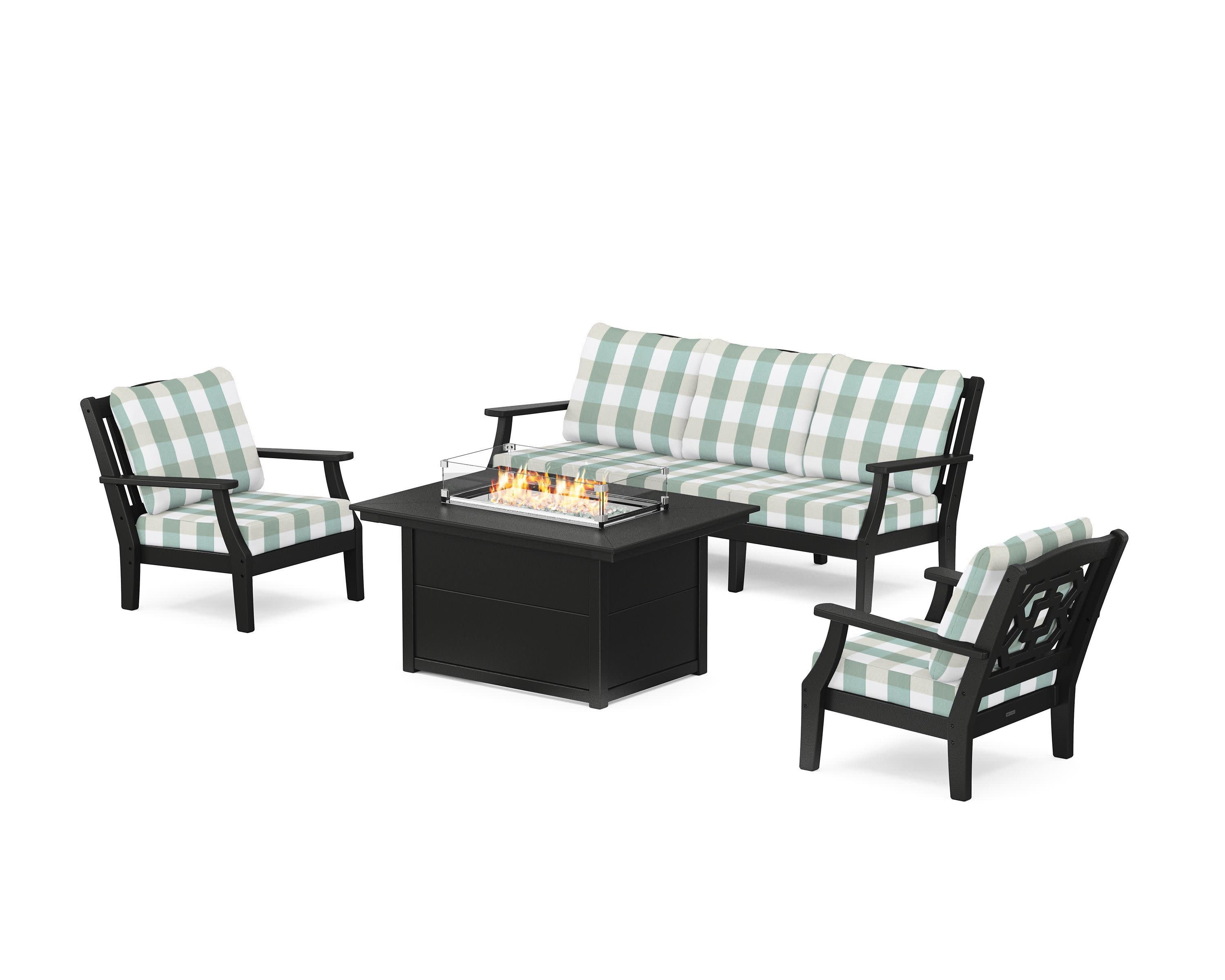 Chinoiserie Deep Seating Fire Pit Table Set in Black / Buffalo Plaid Glacier Spa