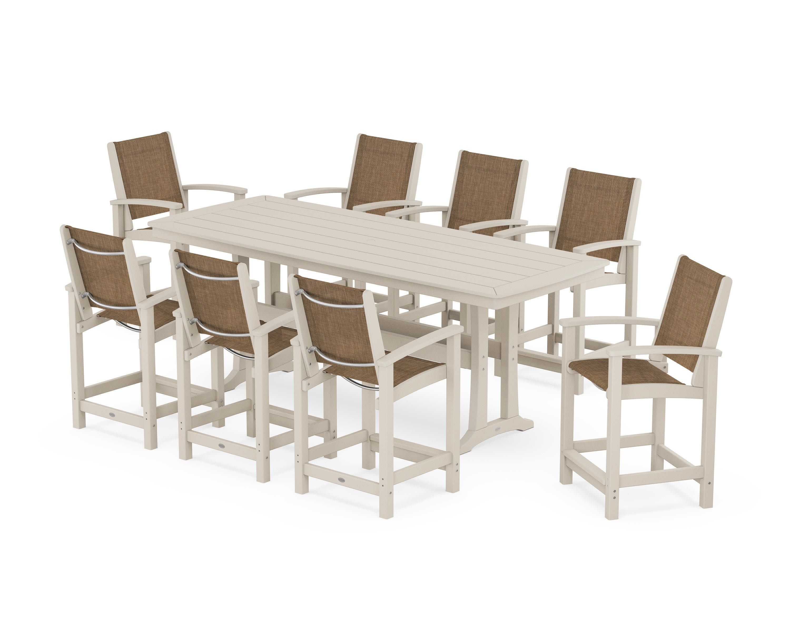 Coastal 9-Piece Counter Set with Trestle Legs in Sand / Burlap Sling