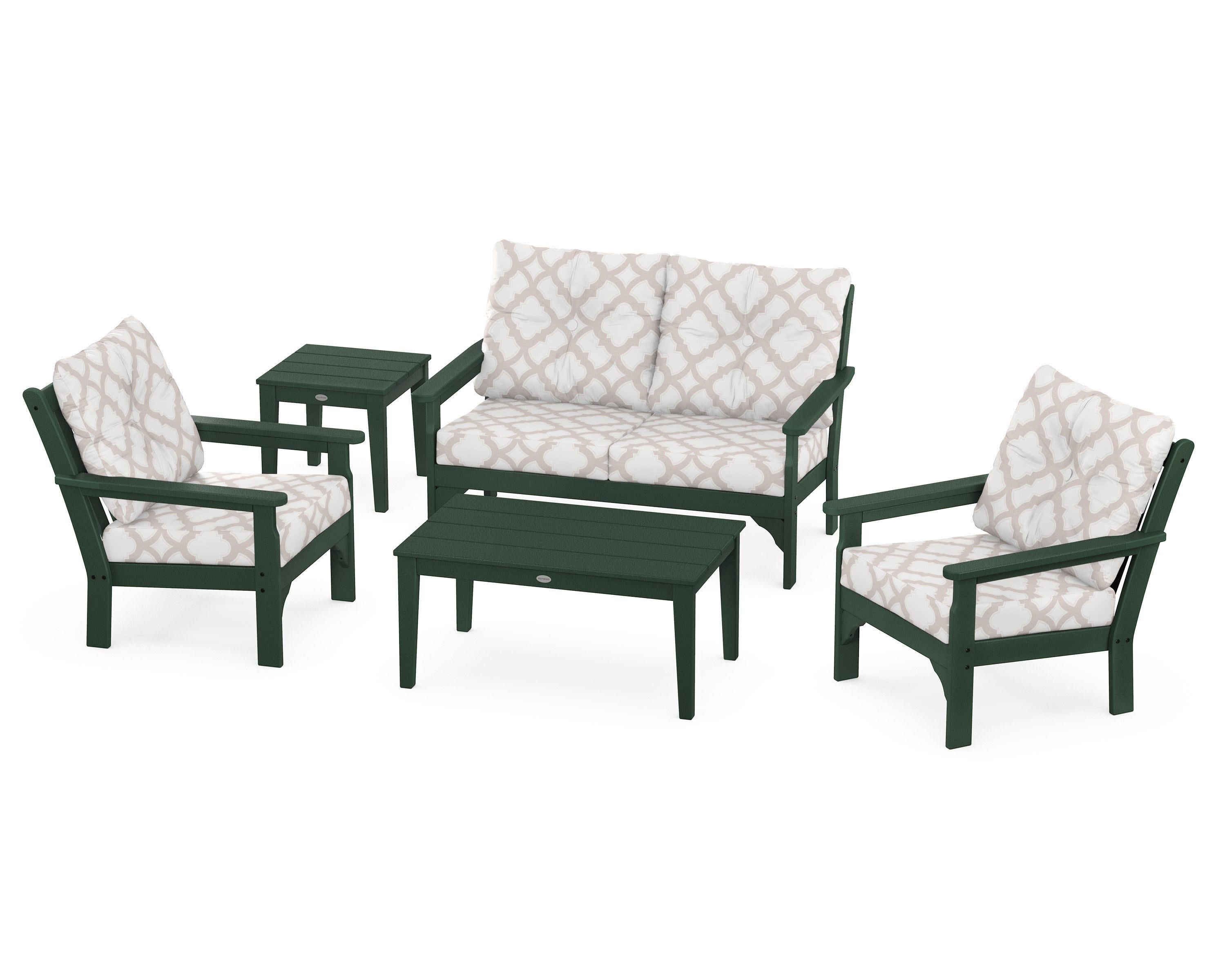 Vineyard 5-Piece Deep Seating Set in Green / Trellis Dune Burlap