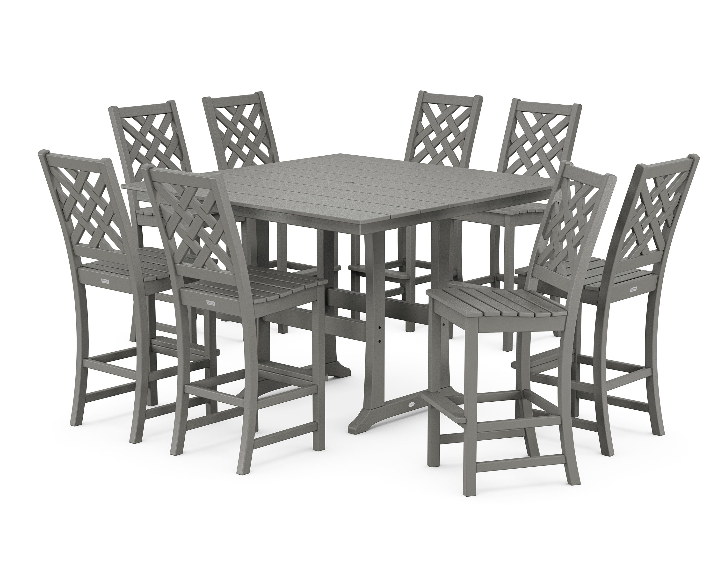 Wovendale Side Chair 9-Piece Square Farmhouse Bar Set with Trestle Legs in Slate Grey