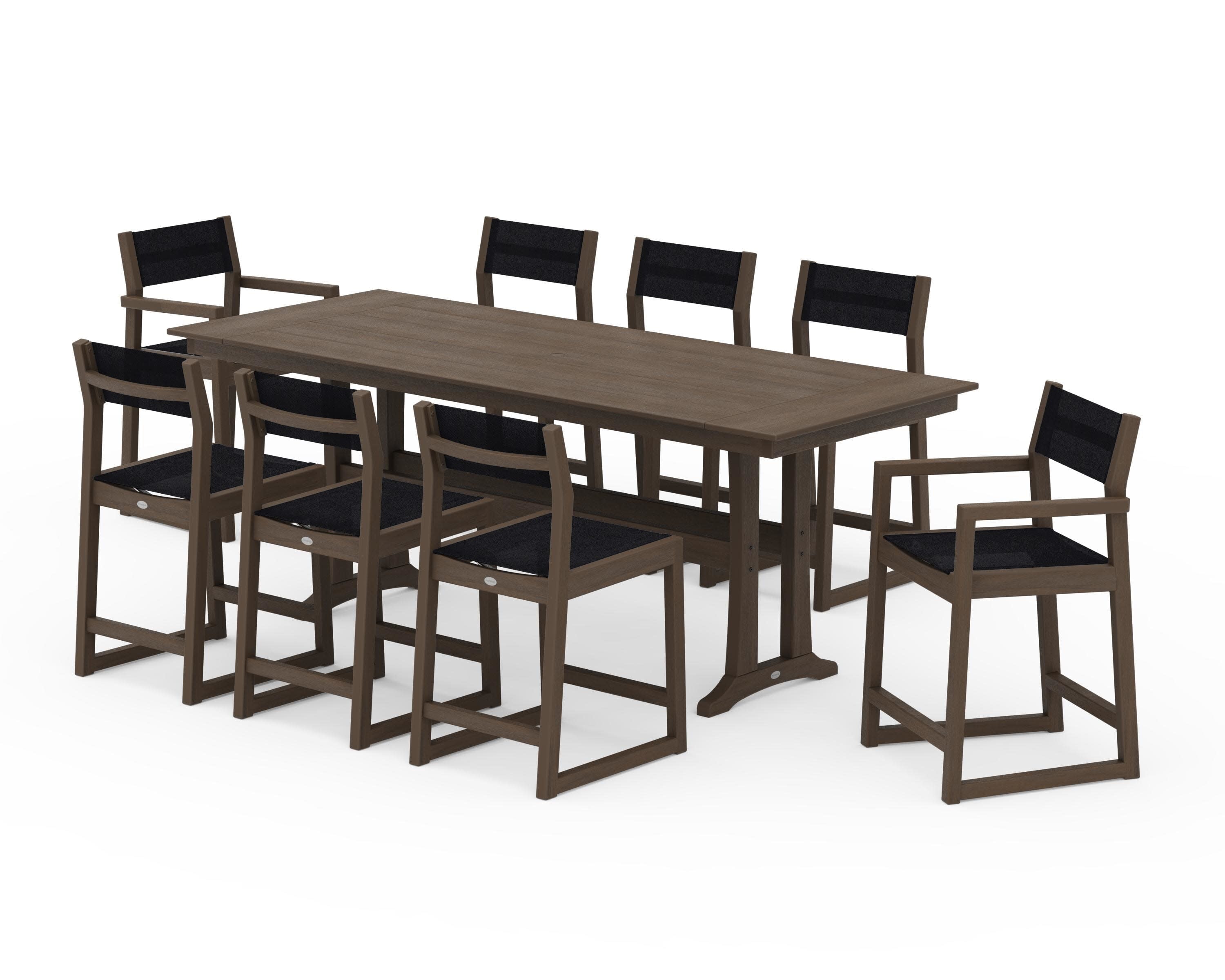 EDGE Sling 9-Piece Farmhouse Counter Set with Trestle Legs in Kona / Black Sling
