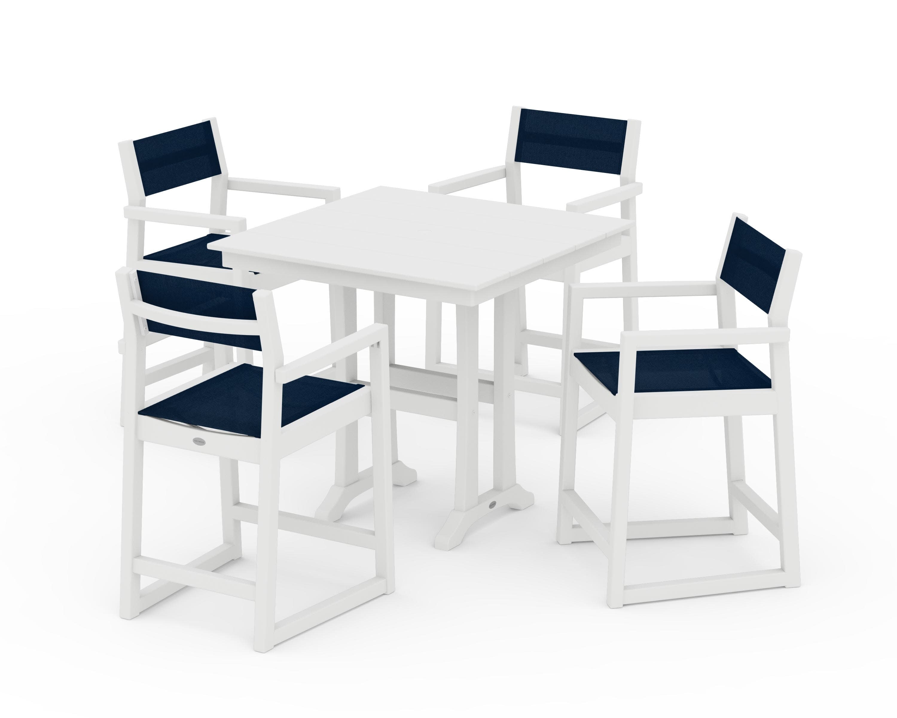 EDGE Sling Arm Chair 5-Piece Farmhouse Counter Set with Trestle Legs in White / Navy Blue Sling