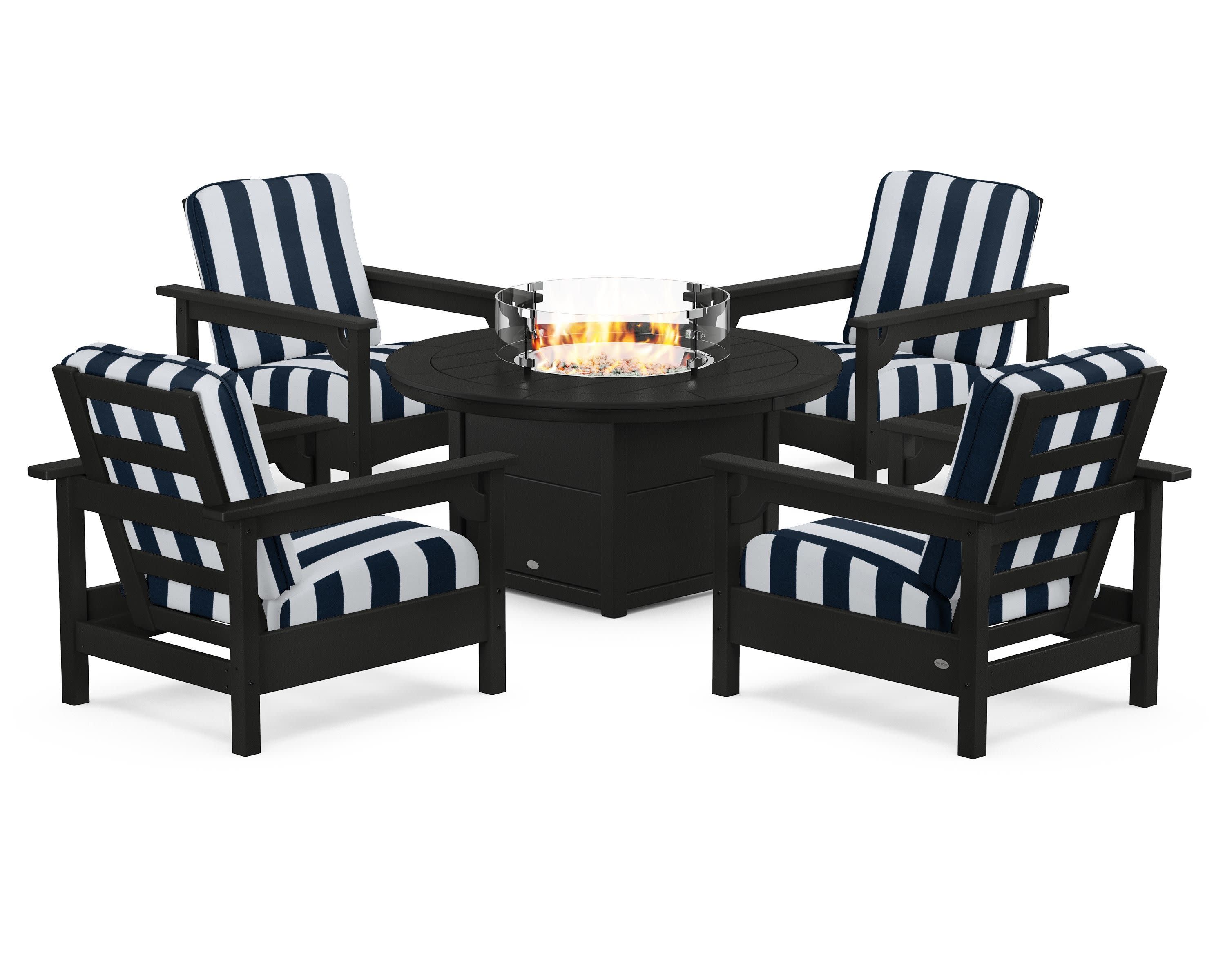 Club 5-Piece Conversation Set with Fire Pit Table in Black / Cabana Stripe Marine Indigo