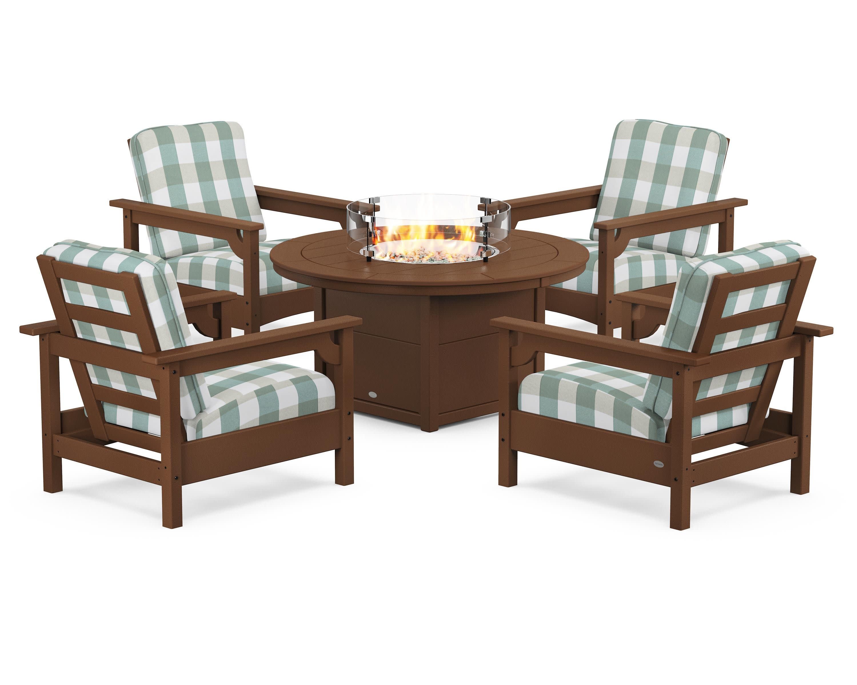 Club 5-Piece Conversation Set with Fire Pit Table in Teak / Buffalo Plaid Glacier Spa